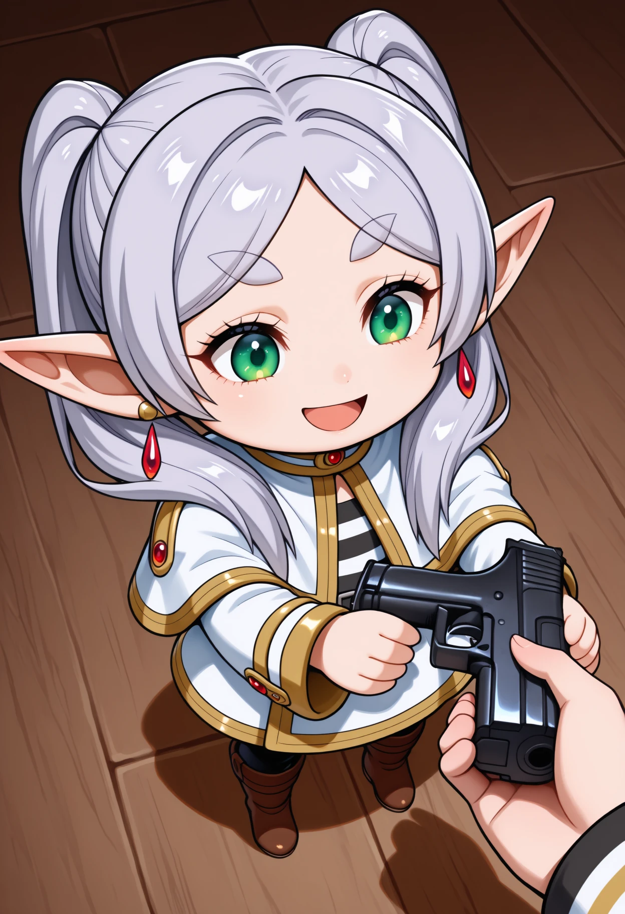 solo focus, 1girl, holding gun, handgun, <lora:go_do_a_crime-000005:1.2> <lora:ChamFrierenNoob:1> Fri3r3nDef, green eyes, grey hair, long hair, twintails, thick eyebrows, earrings, pointy ears, white capelet, striped shirt, long sleeves, black belt, white skirt, black pantyhose, brown boots, from above, shiny eyes, chibi, smile, open mouth,