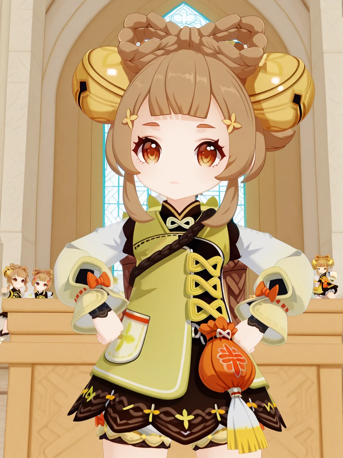 masterpiece, best quality, amazing quality,, <lora:genshin-yaoyao-ingame-illustriousxl-lora-nochekaiser:1>, yaoyao, yaoyao (genshin impact), brown hair, hair ornament, brown eyes, braid, sidelocks, blunt bangs, bell, jingle bell, hair bell, bow-shaped hair, 3d, long sleeves, dress, jacket, puffy sleeves, fur trim, chinese clothes, puffy long sleeves, bloomers, white bloomers,, <lora:kung-fu-illustriousxl-lora-nochekaiser:1>, kung fu, martial arts, training, fighting stance, cowboy shot, hand on own hips, church, steeple, pews, altar, holy, cowboy shot, solo, looking at viewer,
