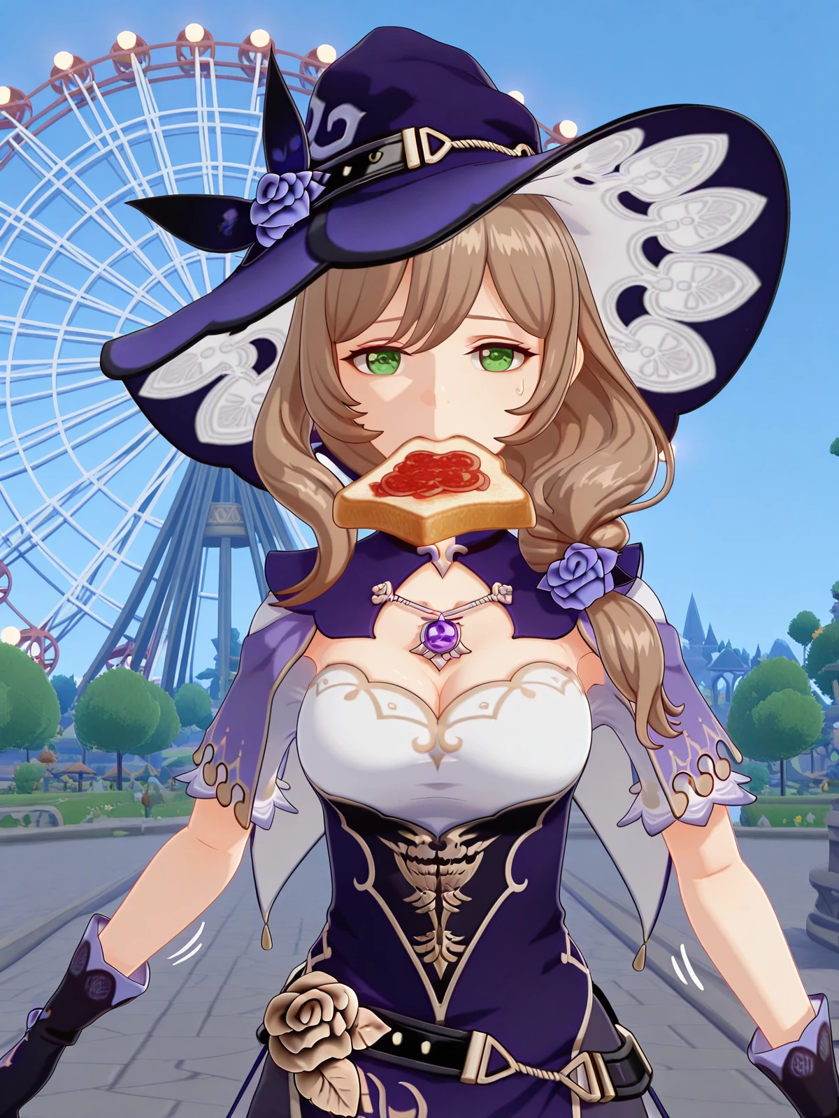 masterpiece, best quality, amazing quality,, <lora:genshin-lisa-minci-ingame-illustriousxl-lora-nochekaiser:1>, lisa minci, lisa (genshin impact), brown hair, green eyes, long hair, low tied hair, mature female, breasts, 3d, belt, capelet, cleavage, gloves, hat, hat belt, jewelry, necklace, pendant, purple capelet, purple headwear, vision (genshin impact), witch, witch hat, <lora:food-in-mouth-running-illustriousxl-lora-nochekaiser:1>, food in mouth running, food in mouth, running, bread, bread slice, food, toast in mouth, toast, sweatdrop, motion lines, motion blur, outdoors, straight-on, ferris wheel, lights, high, view, rotating, cowboy shot, solo, looking at viewer,