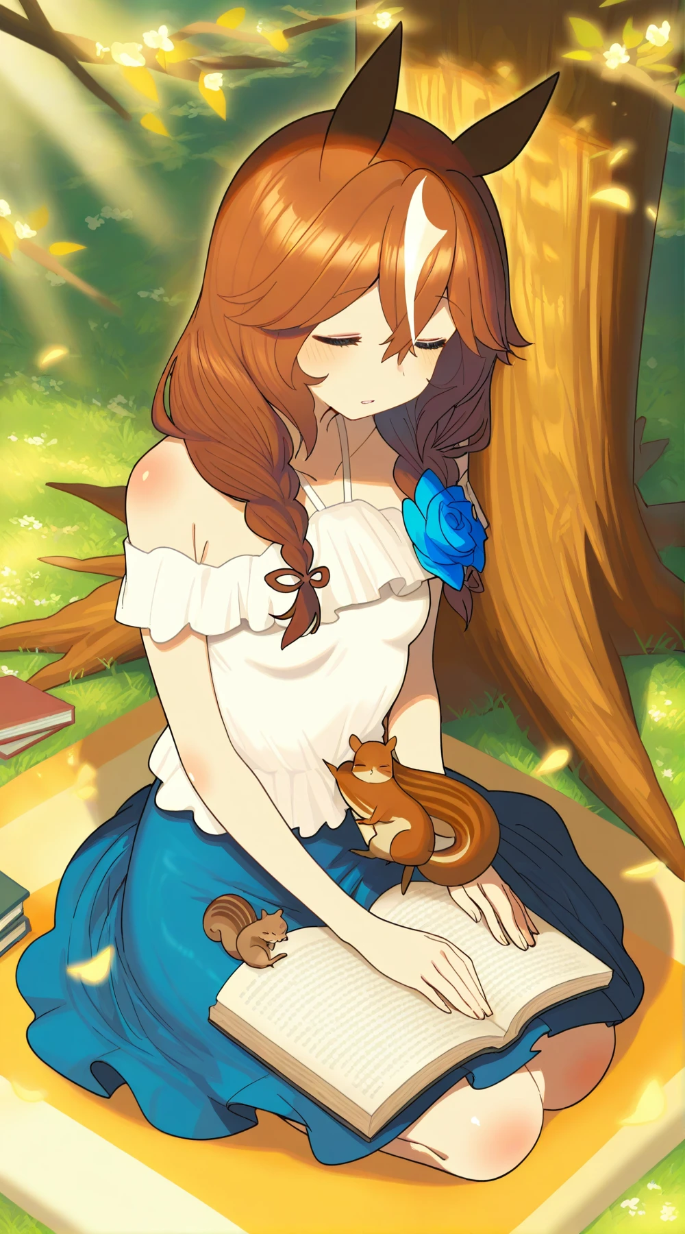 Curren Bouquetd'or, 1girl, solo, animal ears, horse ears, braid, twin braids,hair between eyes,streaked hair, horse ????, , blush,  multicolored hair,long hair, small breasts,ashinowoto,<lora:Curren Bouquetd'or:1>
QUNZI1,white top blue skirt dress,off-shoulders,sleeveless,halter,single blue corsage,frilled shirt,blue skirt,white shirt, outdoors, under tree, sitting, book, book on lap, tree branch, squirrel on tree branch, sleeping, parted lips, closed eyes,seiza,
(body blush:1.2),, , shiny, shiny skin, shiny hair, soft body,,
masterpiece, best quality, very aesthetic, absurdres, volumetric lighting, official style, official art, amazing quality, ultra detailed, highres, scenery, beautiful detailed hair, beautiful detailed eyes,