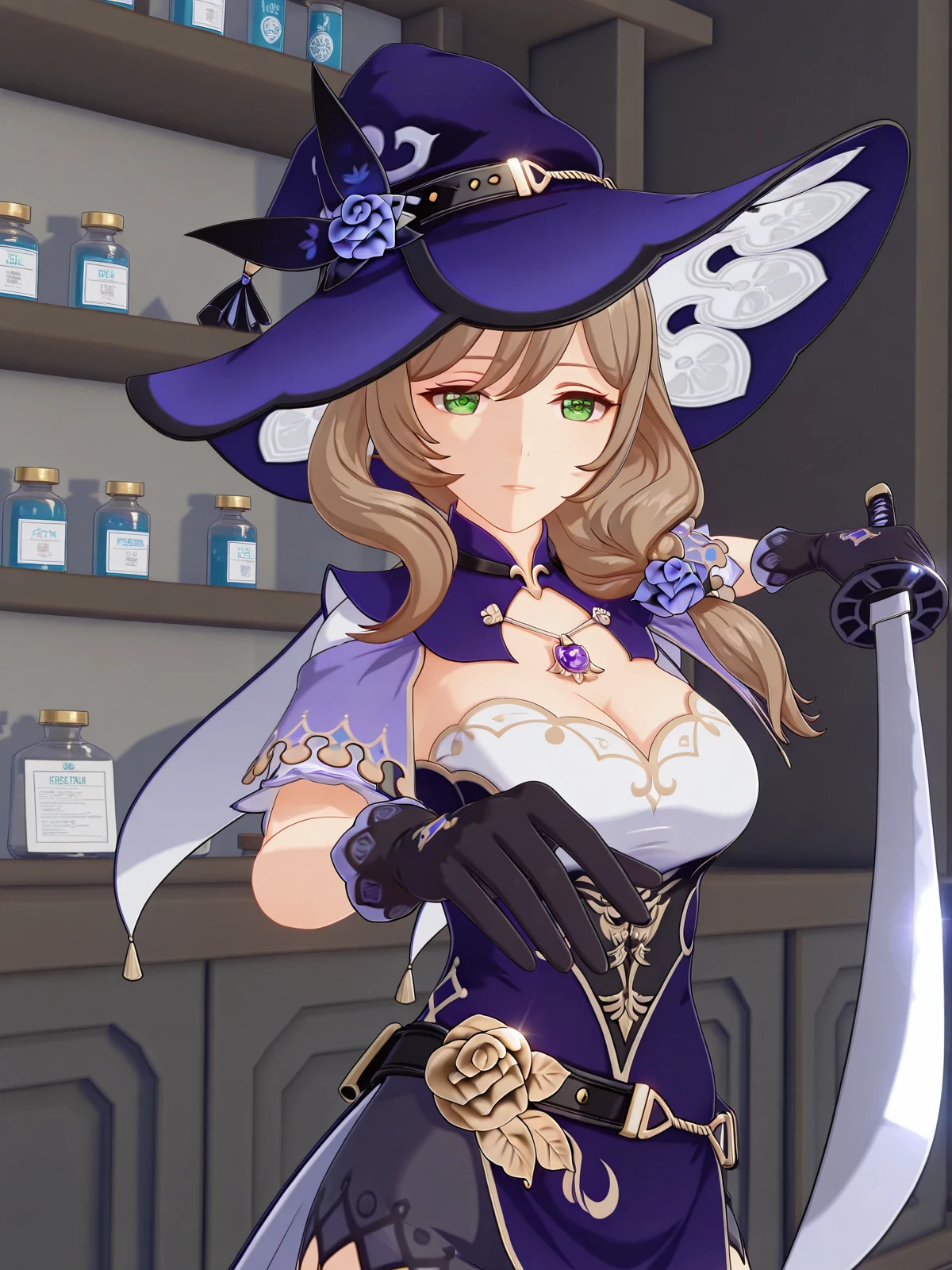 masterpiece, best quality, amazing quality,, <lora:genshin-lisa-minci-ingame-illustriousxl-lora-nochekaiser:1>, lisa minci, lisa (genshin impact), brown hair, green eyes, long hair, low tied hair, mature female, breasts, 3d, belt, capelet, cleavage, gloves, hat, hat belt, jewelry, necklace, pendant, purple capelet, purple headwear, vision (genshin impact), witch, witch hat, <lora:gatotsu-stance-illustriousxl-lora-nochekaiser:1>, gatotsu stance, weapon, sword, katana, holding weapon, holding, holding sword, foreshortening,, pharmacy, medicine, shelves, counter, health, cowboy shot, solo, looking at viewer,