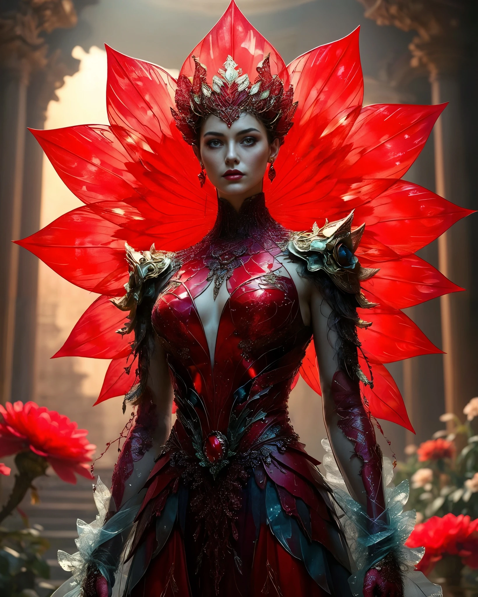 A young woman, likely in her late teens or early twenties, stands in a regal pose. Caucasian ethnicity. Her expression is serene and confident, with a slight air of authority. She wears a striking, elaborate red dress that resembles ornate armor or fine jewelry. The dress features intricate detailing in gold and dark blue, with embedded gems and a textured, almost metallic, finish. The bodice is fitted, highlighting her form, while the flowing skirt cascades around her. She wears long, translucent, red-leaf-like shoulder armor and accessories and a matching ornate crown, which further emphasizes her regal character. The color palette is vibrant, primarily deep reds with accents of gold and deep blues. The lighting is soft yet dramatic, casting a warm glow on the subject while showcasing the exquisite texture and sheen of the materials. The background features a stylized structure with a soft, muted light, creating a sense of fantasy or a majestic setting. The composition is centered around the subject, with the background elements subtly framing her. A sense of elegance and ethereal beauty is conveyed through the intricate details and vibrant colours. The overall style is stylized fantasy, exuding a confident and mystical mood. The texture of the fabrics and the armor is meticulously detailed. The red leaf-like elements create a striking visual contrast with the skin tones. The atmosphere is stately and formal.