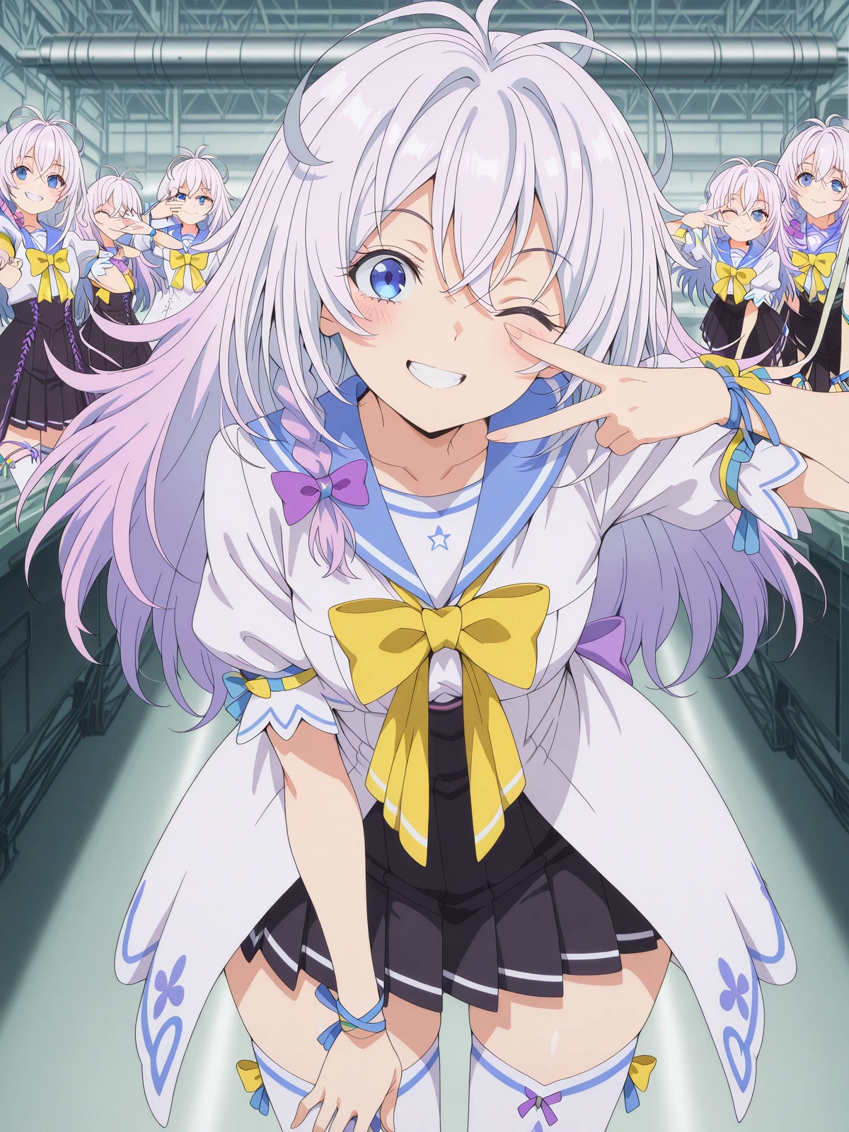 masterpiece, best quality, amazing quality,, <lora:niberune-s1-illustriousxl-lora-nochekaiser:1>, niberune, long hair, blue eyes, hair between eyes, white hair, grey hair, braid, hair bow, antenna hair, side braid, purple bow, gradient hair, mature female, small breasts, anime screencap, skirt, dress, bow, ribbon, short sleeves, pleated skirt, puffy sleeves, sailor collar, white dress, puffy short sleeves, yellow bow, yellow bowtie, black skirt, pleated skirt, high-waist skirt, thighhighs, white thighhighs,, <lora:gyaru-v-illustriousxl-lora-nochekaiser:1>, gyaruv, solo, looking at viewer, blush, smile, cowboy shot, teeth, one eye closed, v, leaning forward, v over eye,, factory, machines, workers, assembly, production, cowboy shot, solo, looking at viewer,