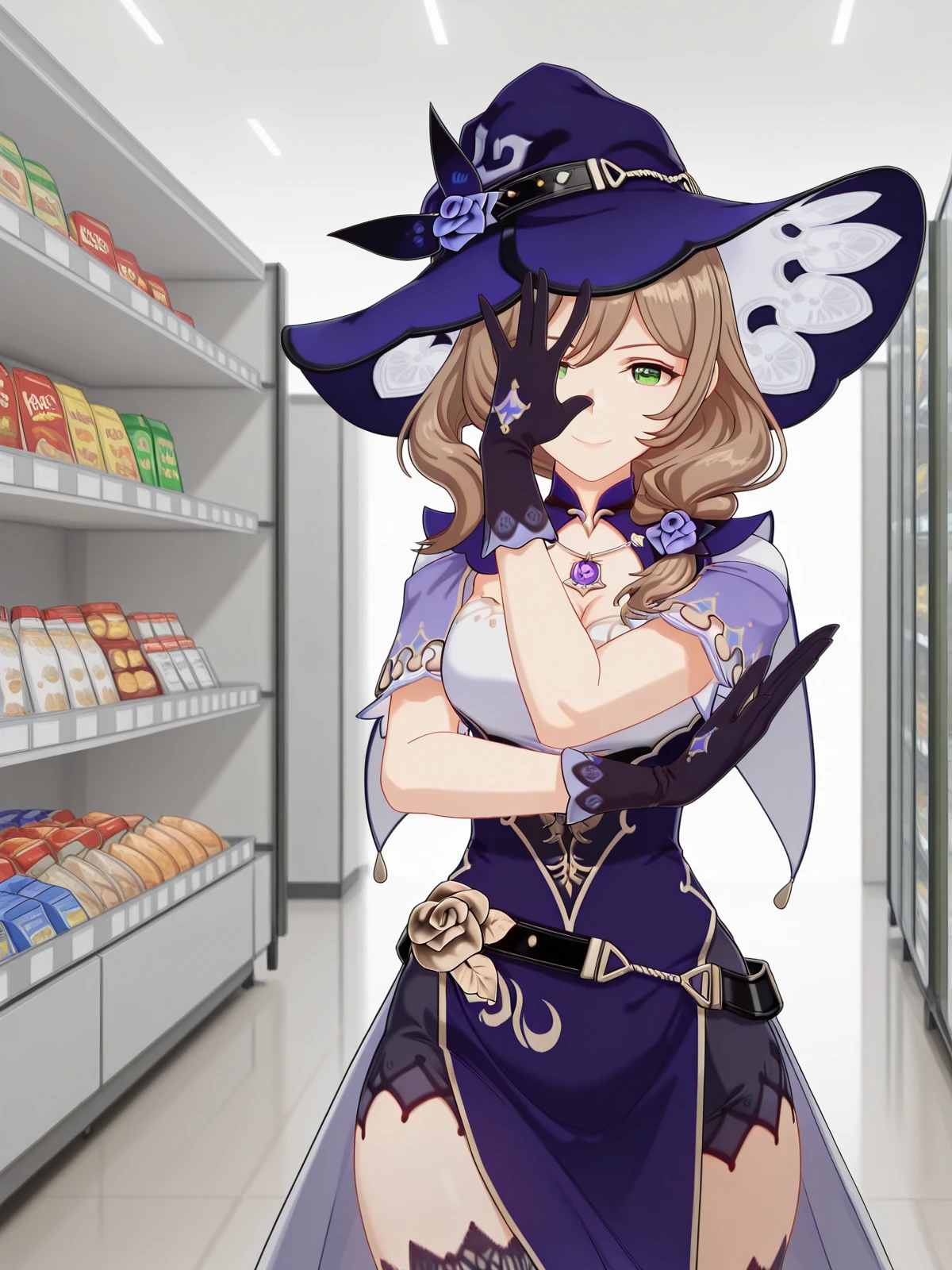 masterpiece, best quality, amazing quality,, <lora:genshin-lisa-minci-ingame-illustriousxl-lora-nochekaiser:1>, lisa minci, lisa (genshin impact), brown hair, green eyes, long hair, low tied hair, mature female, breasts, 3d, belt, capelet, cleavage, gloves, hat, hat belt, jewelry, necklace, pendant, purple capelet, purple headwear, vision (genshin impact), witch, witch hat, <lora:kars-pose-illustriousxl-lora-nochekaiser:1>, kar's pose, solo, jojo pose, hands up, straight-on, looking at viewer, smile, open hands,, supermarket, aisles, shopping, food, shelves, cowboy shot, solo, looking at viewer,