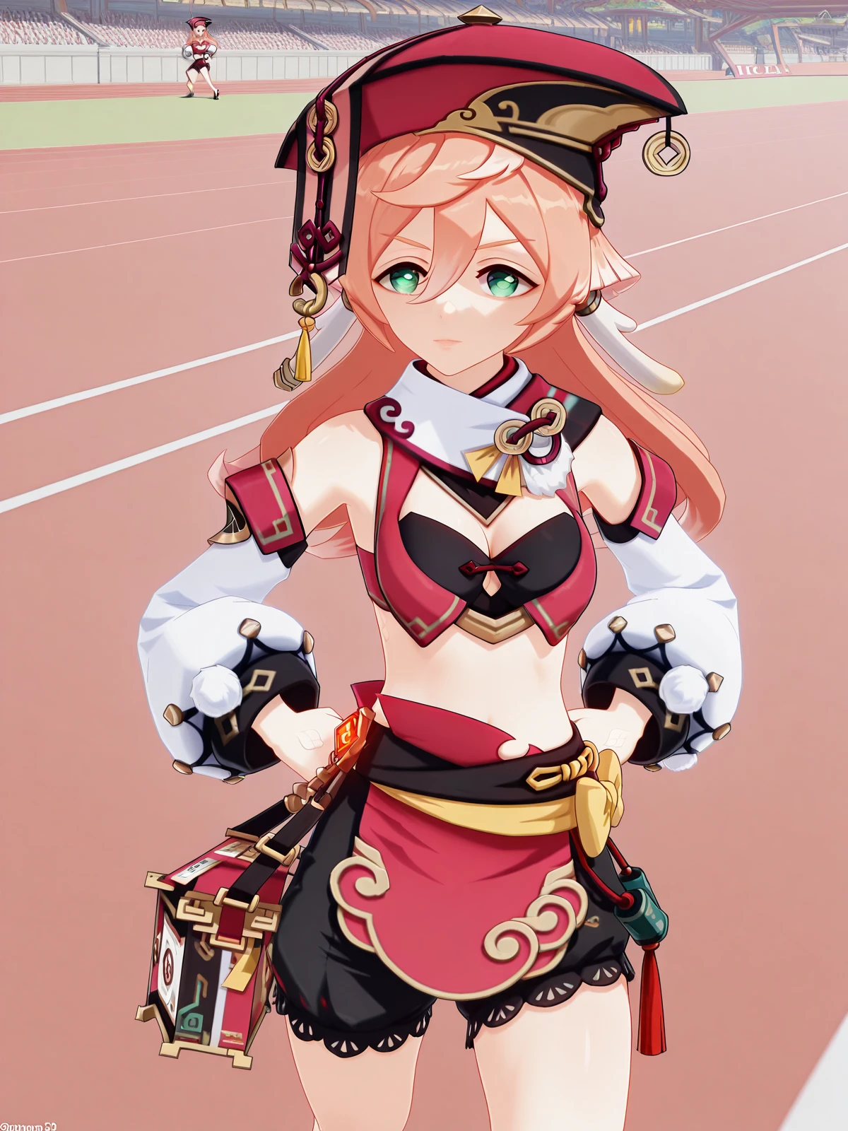 masterpiece, best quality, amazing quality,, <lora:genshin-yanfei-ingame-illustriousxl-lora-nochekaiser:1>, yanfei, yanfei (genshin impact), antlers, horns, pink hair, long hair, hair between eyes, green eyes, mature female, medium breasts, 3d, black bra, black shorts, boots, bow, bra, high heels, long sleeves, midriff, navel, red headwear, red skirt, red vest, shorts, skirt, two-tone footwear, vest, yellow bow,, <lora:kung-fu-illustriousxl-lora-nochekaiser:1>, kung fu, martial arts, training, fighting stance, cowboy shot, hand on own hips, running track, lanes, red, exercise, race, cowboy shot, solo, looking at viewer,