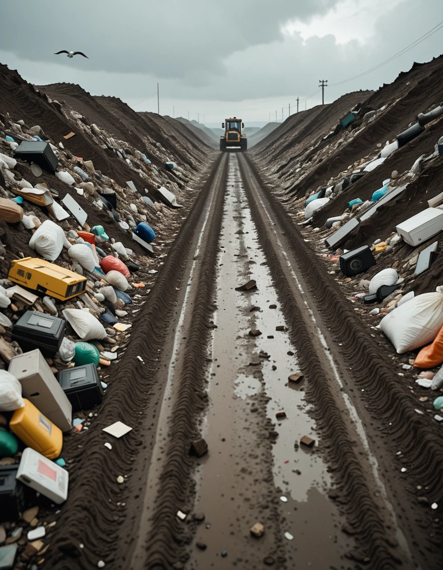A wide, desolate landscape of a public landfill stretching across the horizon under a cloudy gray sky. Piles of mixed garbageâplastic bags, broken furniture, rusted metal, old electronics, and decaying organic wasteâare scattered in uneven mounds. Seagulls circle overhead while stray dogs rummage through the debris. In the distance, a bulldozer pushes trash into larger heaps, and a faint haze rises from decomposing matter. The ground is muddy and littered with fragments, creating a chaotic, grim atmosphere. No people are present.public l4ndf1ll, <lora:public_l4ndf1llv2-i:1>, Masterpiece,best quality,hi res,8k,hi res,8k,award winning,(sharp focus, intricate, highly detailed),