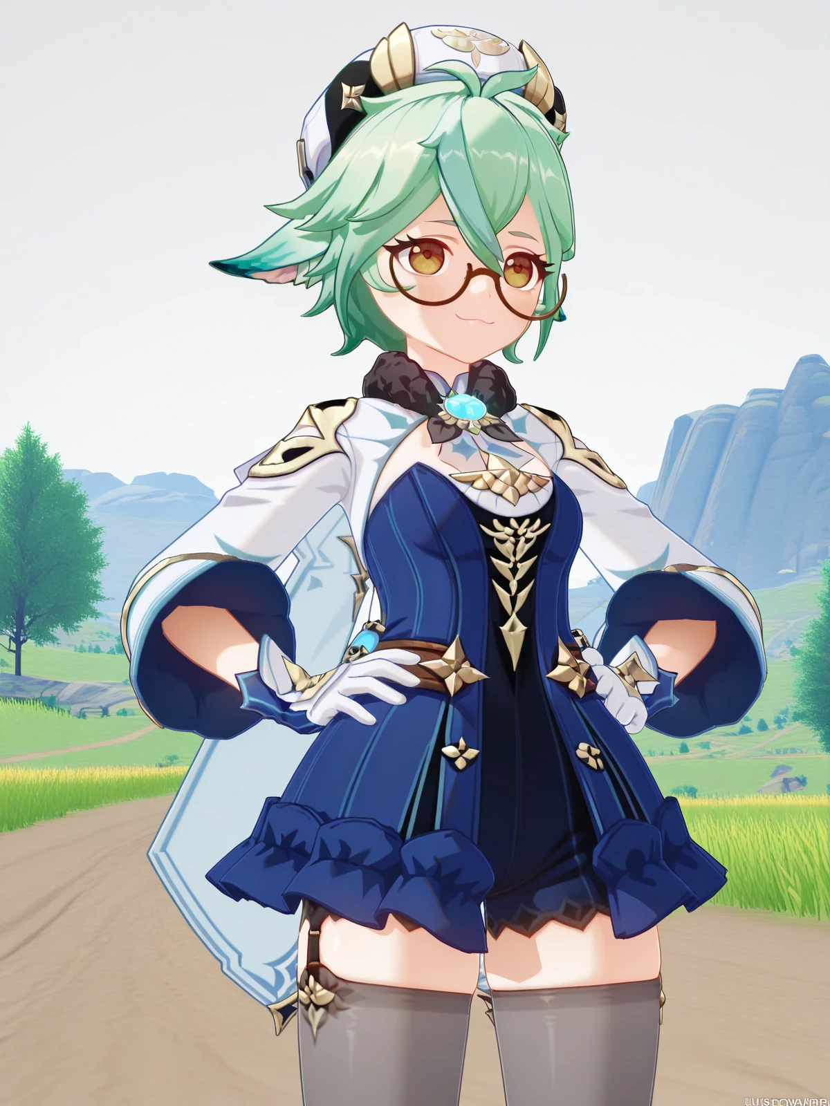 masterpiece, best quality, amazing quality,, <lora:genshin-sucrose-ingame-illustriousxl-lora-nochekaiser:1>, sucrose, sucrose (genshin impact), ahoge, animal ears, brown eyes, glasses, gradient hair, hair between eyes, messy hair, multicolored hair, semi-rimless eyewear, short hair, mature female, small breasts, 3d, frills, fur collar, gem, gloves, green thighhighs, long sleeves, thighhighs, white headwear, zettai ryouiki, skirt, blue skirt,, smug, hands on own hip,, dirt road, rural, path, dust, nature, cowboy shot, solo, looking at viewer, <lora:transparent-background-illustriousxl-lora-nochekaiser:1>, transparent background, simple background, white background