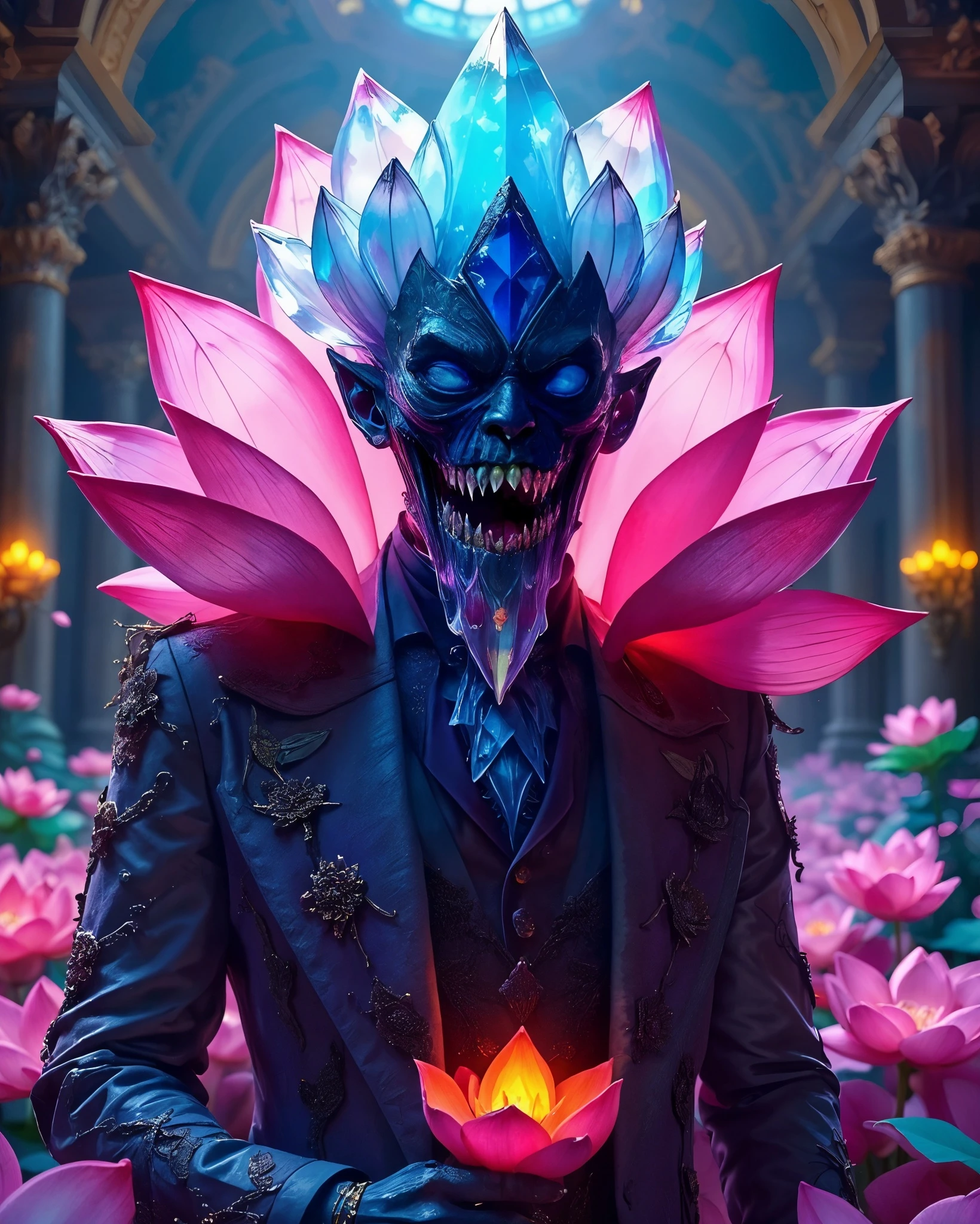 A character with a skull-like face, adorned with sharp teeth, wears a suit and a striking headdress resembling blue crystals and pink lotus petals. The figure stands in a lush environment filled with blooming pink lotus flowers, holding a glowing lotus with an inner light. The scene is illuminated by soft, ambient lighting, enhancing the vibrant colors and intricate details of both the character and the setting.
