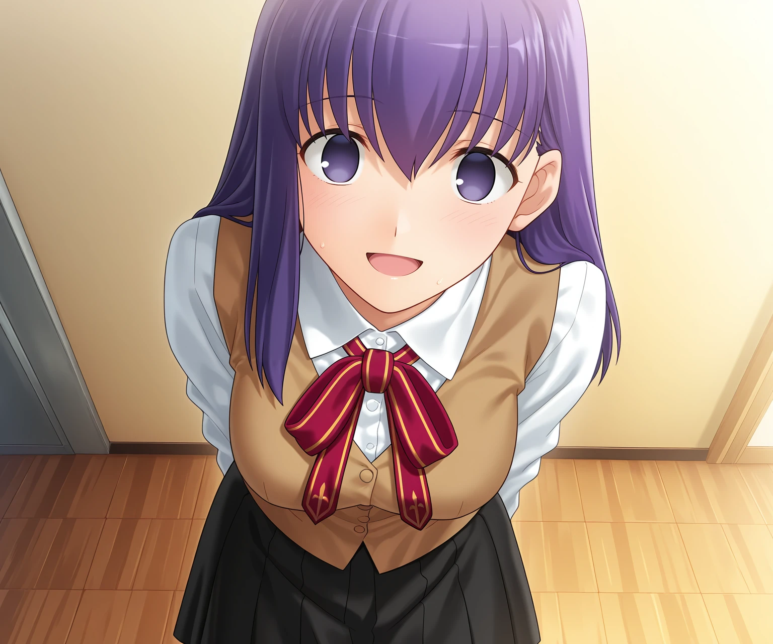 masterpiece, best quality, amazing quality, , 1girl, solo, looking at viewer, smile, open mouth, <lora:Fate_SNHA_style_ILL-v2:1> fatesnhastyle, game cg, matou sakura, white shirt, brown vest, black skirt, school uniform,