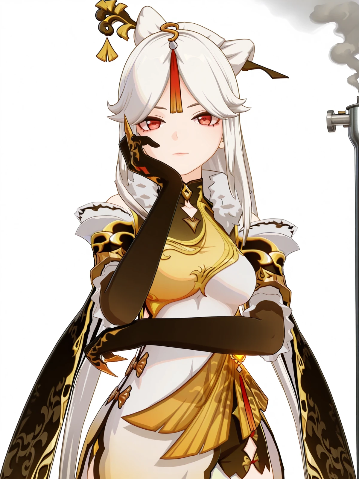 masterpiece, best quality, amazing quality,, <lora:genshin-ningguang-ingame-illustriousxl-lora-nochekaiser:1>, ningguang, ningguang (genshin impact), grey hair, hair ornament, hairpin, long hair, parted bangs, red eyes, sidelocks, streaked hair, red hair, mature female, breasts, 3d, bare shoulders, black gloves, chinese clothes, claw ring, detached sleeves, dress, elbow gloves, frilled sleeves, frills, fur collar, gloves, jewelry, pelvic curtain, sleeveless, sleeveless dress, white dress,, head rest, refinery, pipes, smoke, metal, oil, cowboy shot, solo, looking at viewer, <lora:transparent-background-illustriousxl-lora-nochekaiser:1>, transparent background, simple background, white background