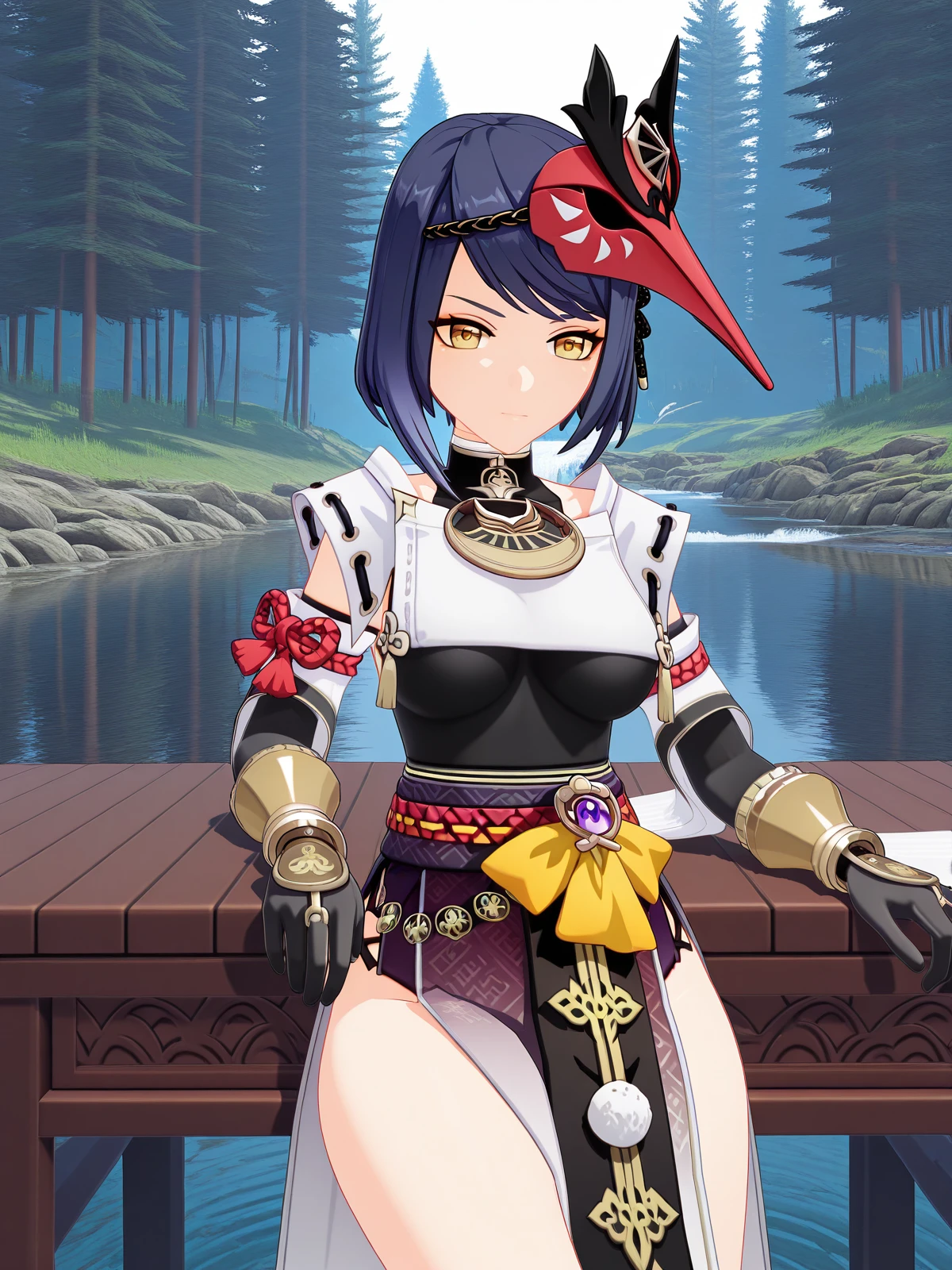 masterpiece, best quality, amazing quality,, <lora:genshin-sara-kujou-ingame-illustriousxl-lora-nochekaiser:1>, sara kujou, kujou sara, blue hair, short hair, swept bangs, yellow eyes, mature female, breasts, 3d, bird mask, gloves, leotard, bracer, detached sleeves, elbow gloves, gloves, japanese clothes, jewelry, leotard, mask, mask on head, obi, pelvic curtain, pendant, sash, sleeveless, vision (genshin impact), wide sleeves,, sitting, elbow rest, table,, stream, water, rocks, flow, forest, cowboy shot, solo, looking at viewer, <lora:transparent-background-illustriousxl-lora-nochekaiser:1>, transparent background, simple background, white background