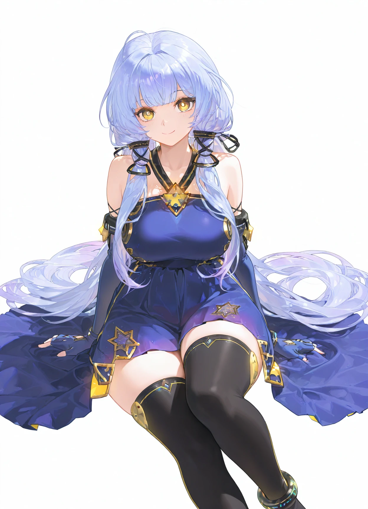 huge filesize,(((very awa))),(((very aesthetic))),((masterpiece))),(((best quality))),newest,[[4 fingers]],4toes,
((solo:1.5)),1girl,<lora:Age-V2:2>,
real world location,photo bashing,
<lora:XinchenTSY-000019:1>,
Xingchentsy,
blue hair,light blue hair,purple hair,gradient hair,long hair,very long hair,quad tails,sidelocks,hair tubes,hair ribbon,tress ribbon,floating hair,bright pupils,yellow eyes,yellow dress,purple dress,halter dress,two-sided dress,gold trim,bare shoulders,black thighhighs,thighhighs,zettai ryouiki,blue gloves,elbow gloves,fingerless gloves,black ribbon,ribbon,jewelry,hexagram,star of david,star print,triangle,triangle print,stellated octahedron,anklet,
eyes_focus,white background,simple background,full_shot,(sitting:1.2),looking_at_viewer,smile,