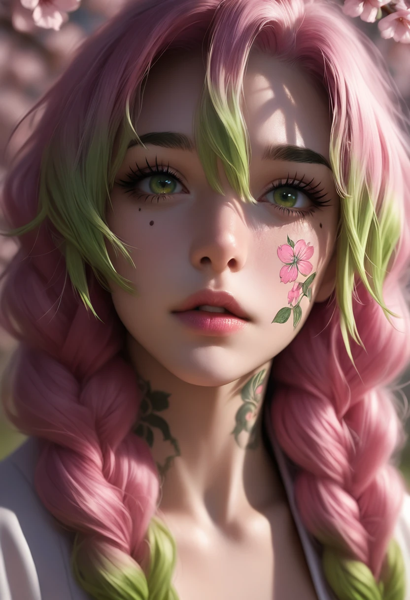 masterpiece, best quality, amazing quality, high resolution, ultra detailed, perfect details, realistic, photorealistic, BSS_AES, very aesthetic, 1girl, solo, long hair, looking at viewer, hair between eyes, green eyes, pink hair, braid, flower, multicolored hair, parted lips, green hair, mole, blurry, two-tone hair, twin braids, eyelashes, lips, mole under eye, gradient hair, tattoo, blurry background, depth of field, portrait, cherry blossoms, pink flower, close-up, pink lips, nose, realistic, facial tattoo, neck tattoo, kanroji mitsuri