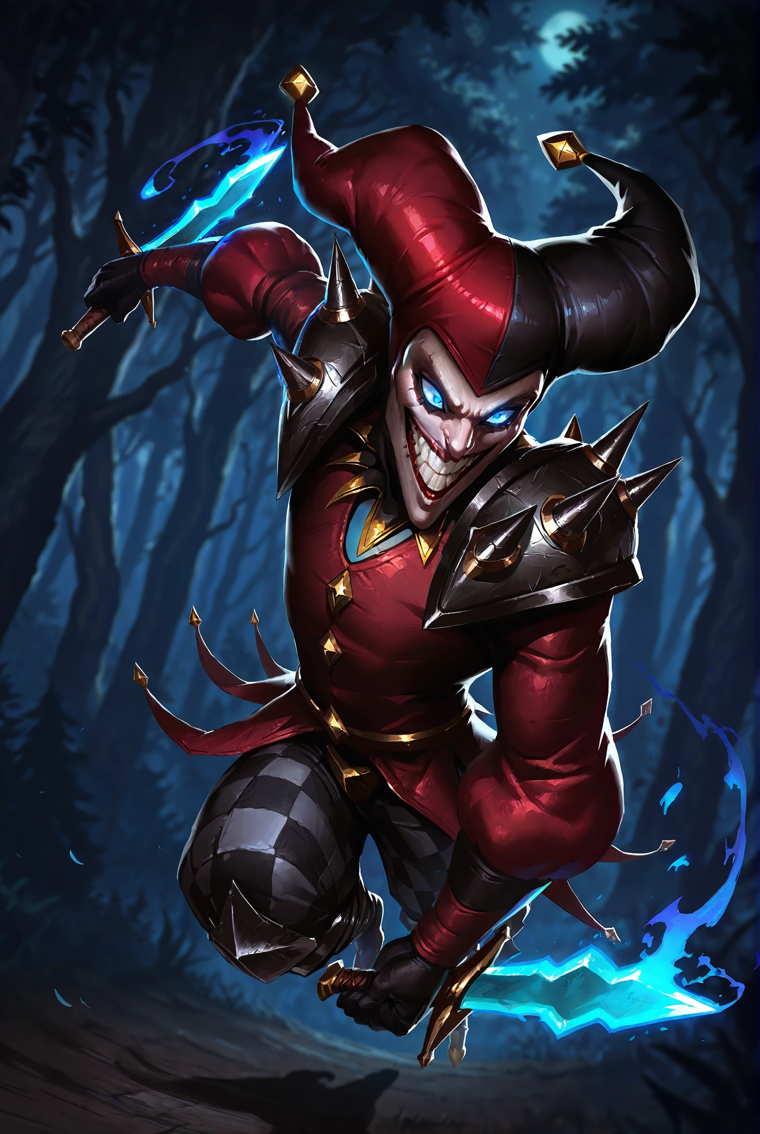 very awe,aesthetically pleasing,masterpiece,best quality,amazing quality,very aesthetic,ultra-detailed,high resolution,8k,1boy,solo,male focus,detailed face,spikes,blue eyes,glowing eyes,armor,hat,jester cap,teeth,smile,red clothes,gloves,dagger,knife,holding weapon,dual wielding,perspective,depth of field,dynamic pose,shadow,forest,dark,night,<lora:add-detail-xl:1>,<lora:shako lol:0.7>,shac0 lol,<lora:League_of_Legends__illustrious-XL:0.5>,