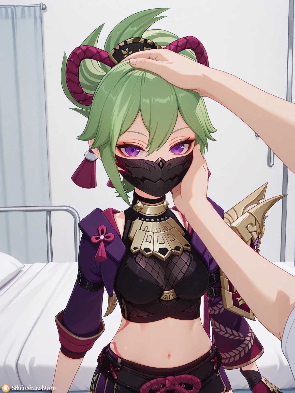 masterpiece, best quality, amazing quality,, <lora:genshin-shinobu-kuki-ingame-illustriousxl-lora-nochekaiser:1>, shinobu kuki, kuki shinobu, green hair, hair between eyes, ponytail, short hair, purple eyes, mask, black mask, ninja mask, mature female, medium breasts, 3d, armor, bare shoulders, black gloves, cropped jacket, fishnet top, fishnets, gloves, gold trim, hair ornament, jacket, leg armor, midriff, off shoulder, partially fingerless gloves, purple jacket, shirt, short shorts, shorts, shoulder armor, sleeveless, sleeveless shirt,, <lora:pov-cheek-and-head-pat-illustriousxl-lora-nochekaiser:1>, pov cheek and head pat, pov cheek and head pat (meme), looking at viewer, upper body, solo focus, pov, hand on another's head, pov hands, headpat, hand on another's face, hand on another's cheek, petting,, infirmary, bed, medical_supplies, nurse, first_aid, cowboy shot, solo, looking at viewer,