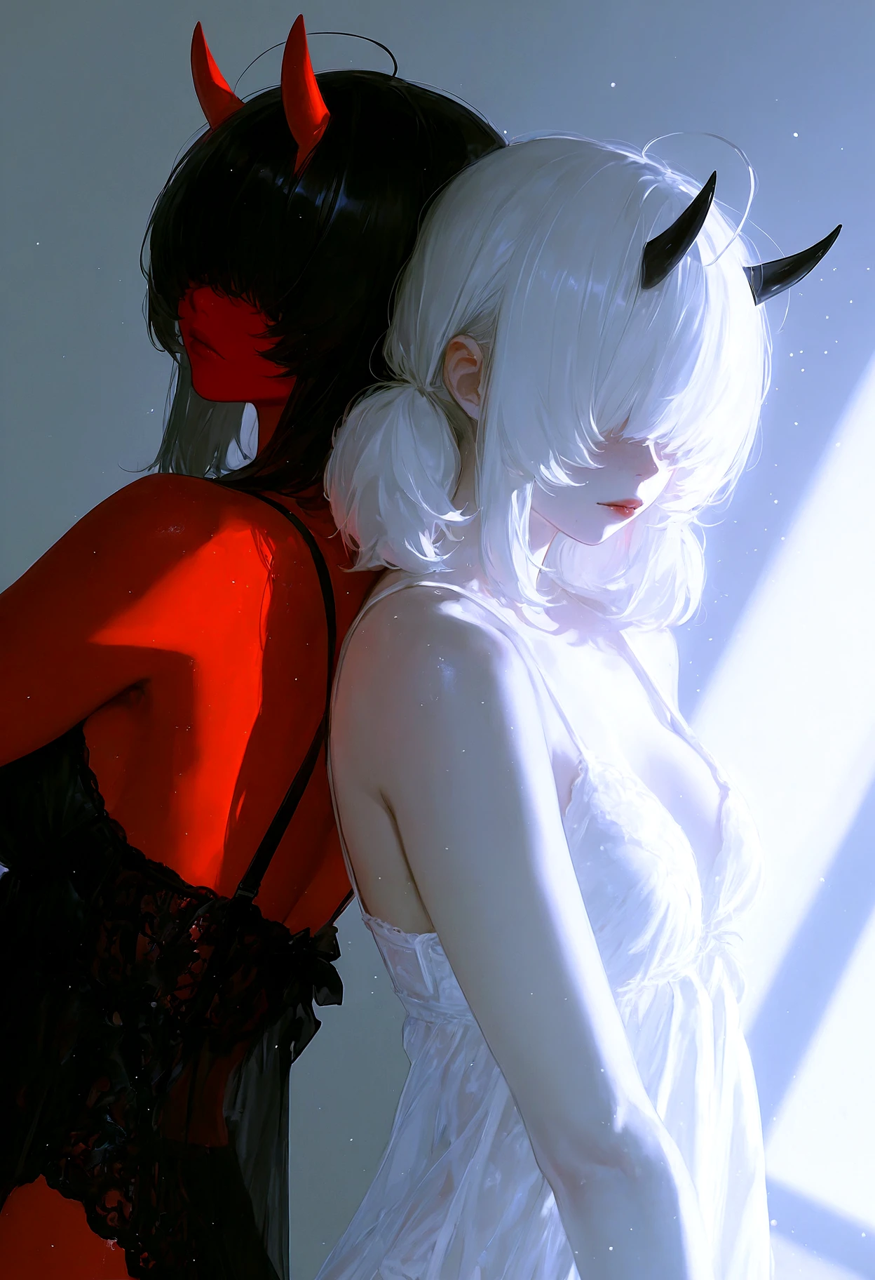 (2d, anime), lightrays, chiaroscuro, dynamic angle, sexy, slutty, hot, aroused, Aka-Oni, oni, colored skin, red skin, smooth horns, black horns, 2 females,back-to-back,looking at viewer, left side, white hair,white lingerie right side,dark skin,black hair,short twintails, big hair, bob cut, curled tips, choppy bangs, prominent ahoge, (hair antenna), hair over eyes, hair covering eyes, black lingerie, Bilaterally symmetrical, perfect symmetrical pose, background, ((split-color theme)), white,black ,perfect split-color, eyelashes, erotic, looking seductive, coy, glowing, light particles, sunlight, sunbeam, dappled sunlight, crack of light, backlighting, partially illuminated, <lora:IL\748cm_illu:0.8> <lora:IL\KMS_hair-004_short_twintails_bob_cut_IL-000019:1>