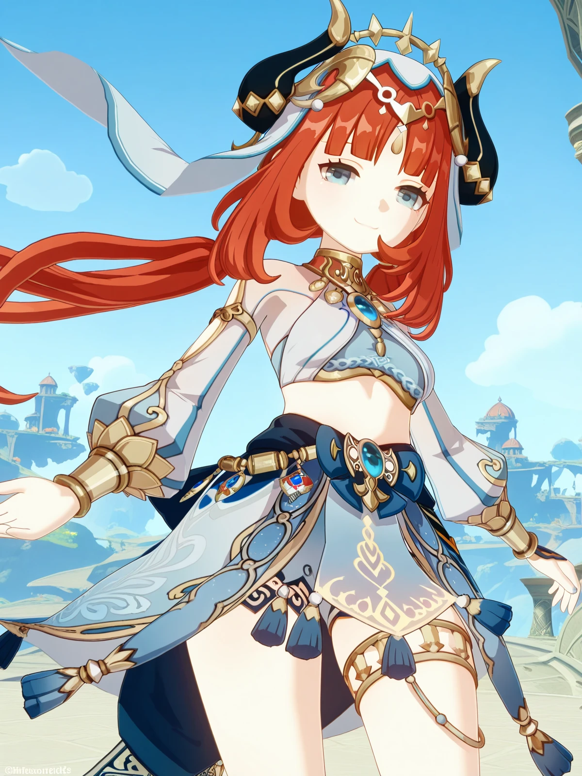 masterpiece, best quality, amazing quality,, <lora:genshin-nilou-ingame-illustriousxl-lora-nochekaiser:1>, nilou, nilou (genshin impact), red hair, twintails, blue eyes, long hair, very long hair, mature female, medium breasts, 3d, blue skirt, bracer, circlet, crop top, dancer, detached sleeves, fake horns, gladiator sandals, gold footwear, gold trim, horns, jewelry, long sleeves, neck ring, puffy long sleeves, puffy sleeves, sandals, skirt, thighlet, thighs, veil, white headwear, white sleeves, white veil,, smug, floating city, sky, futuristic, architecture, clouds, cowboy shot, solo, looking at viewer,