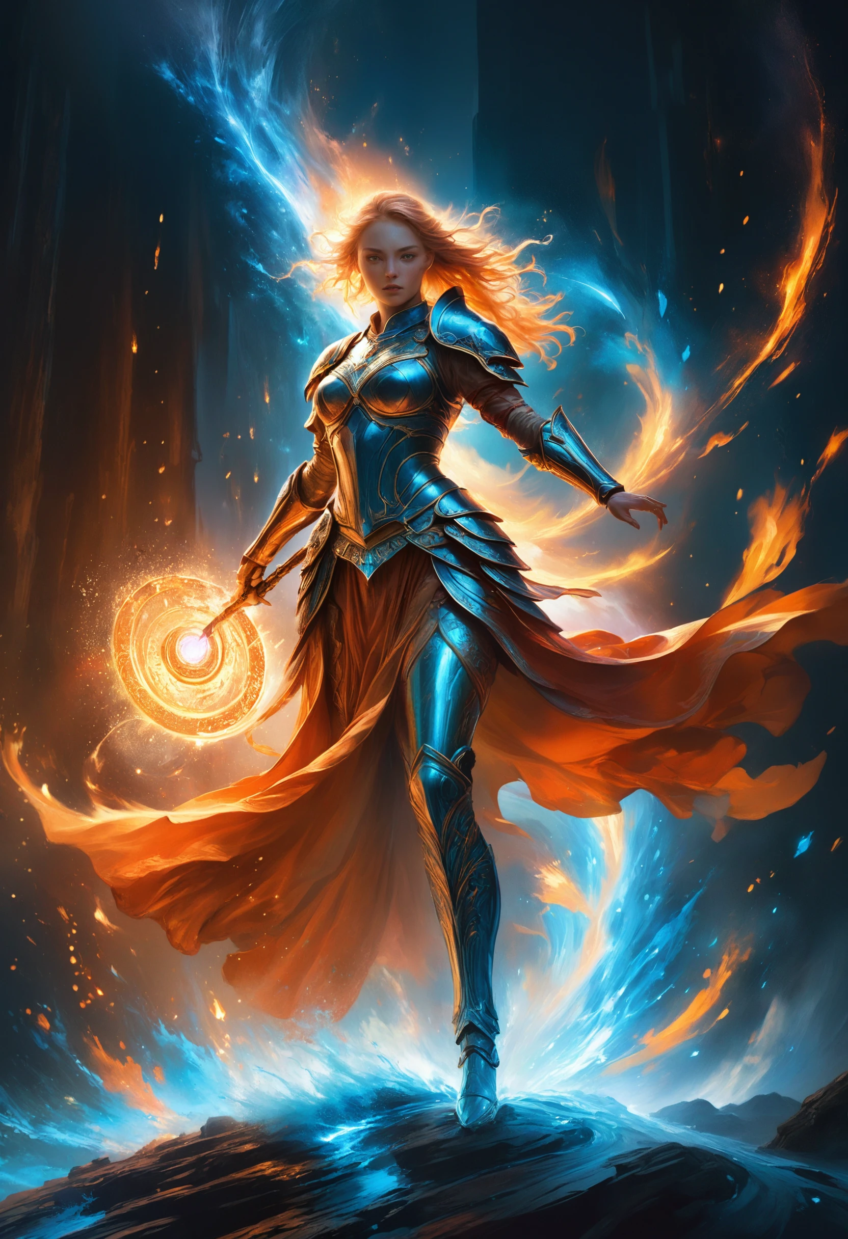 rating_safe, breathtaking detailed, masterpiece, absurdres, awe-inspiring, best quality, vibrant colors,  female warrior in ornate, reflective armor, BREAK, standing in a dramatic battle stance with arms outstretched, streams of fiery orange light flowing from one side and icy blue energy from the other, swirling together around her, BREAK, ethereal fabric [gently flowing] around her waist, glowing embers and sparks suspended in the air, [subtle light reflections on the armor], cinematic lighting, masterpiece, ultra detailed, high contrast, dynamic composition, (epic fantasy illustration)   <lora:sdxl_CrazyCharacter-Style.safetensors:0.5:0.5>