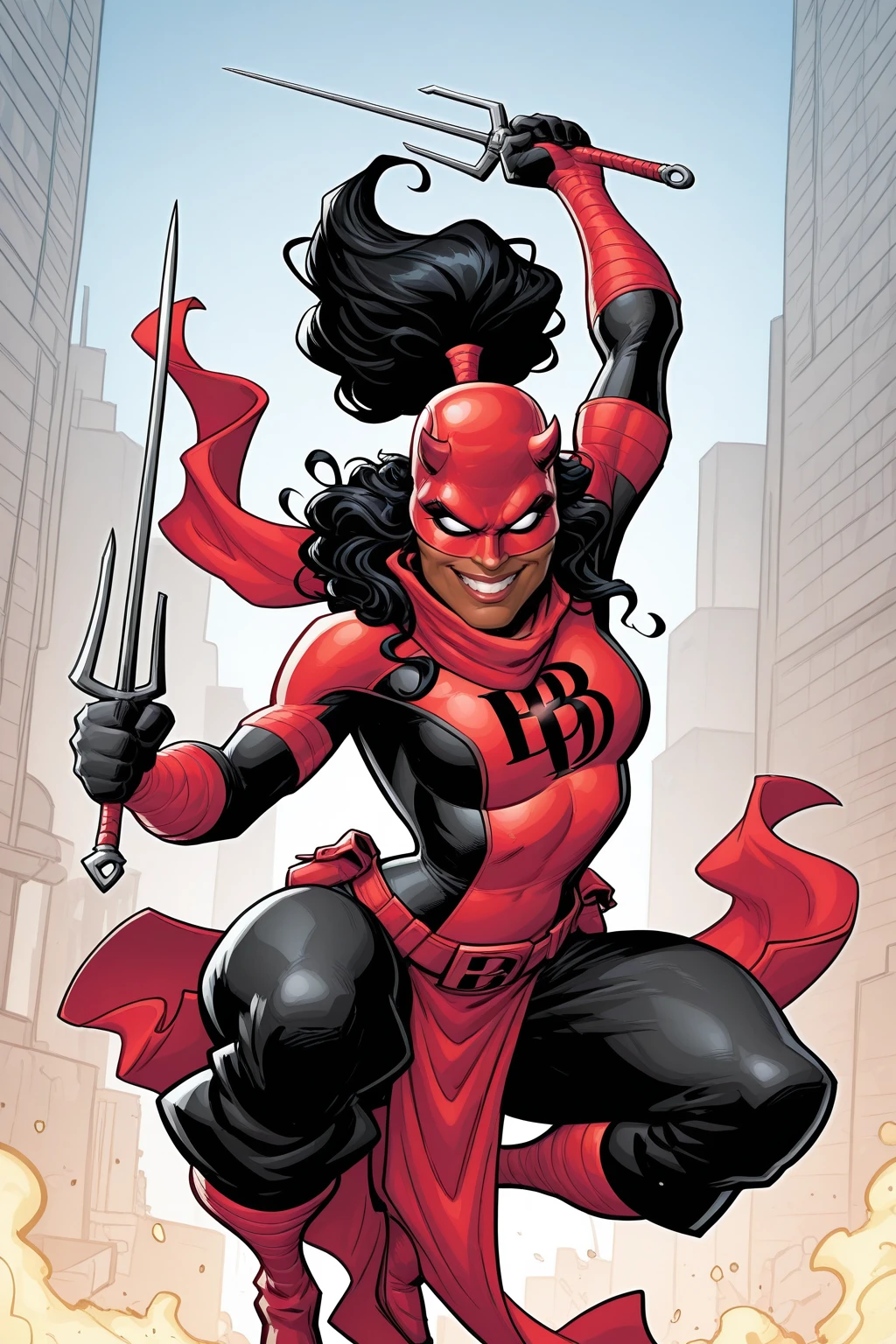 masterpiece, good quality, best quality, very awa, very as2, absurdres, highres 
<lora:Patrick Brown StyleIlluLYCO:1.2>patrick brown, cowboy shot, 
 <lora:Female DaredevililluLoRA:1> femdare, dark-skinned female, black hair, wavy hair, very long hair, high ponytail, blank eyes, white eyes, helmet, horns, mask, red scarf, grin, squatting, print bodysuit, black lettering "DD" on chest, bandages, gloves, utility belt, belt pouch, pelvic curtain, baggy pants, boots, holding sai (weapon), dual wielding