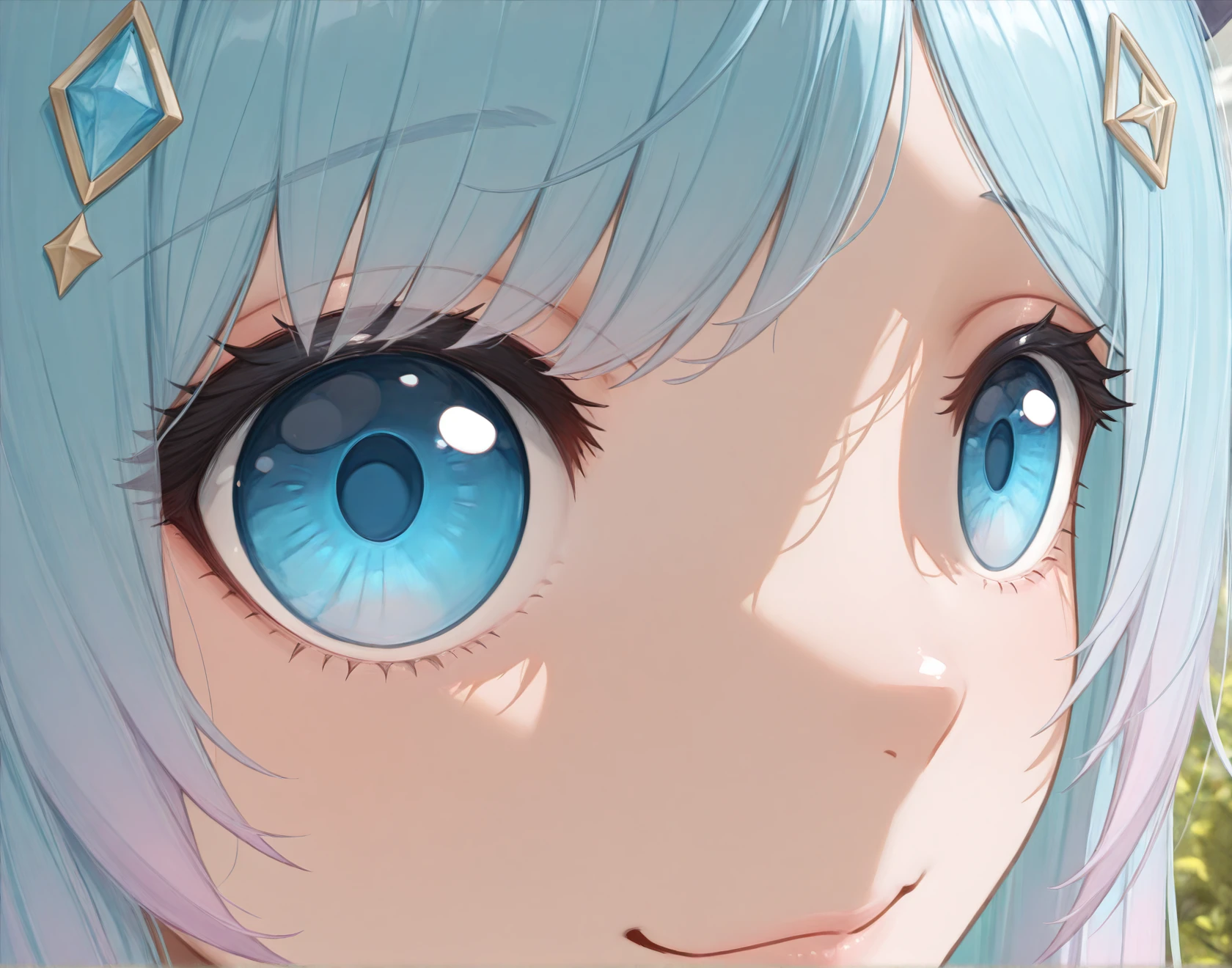 (masterpiece,best quality,amazing quality,ultra-detailed,highly detailed,8k,depth of field,natural colors,high contrast,soft lighting,realistic shading,intricate details,cinematic lighting,absurdres,highres,newest,very aesthetic,extremely detailed,very awa,detailed background,perfect anatomy,surreal,year 2023,year 2024,(scenery:1.4),perfect proportions,perfect hands,8k,good anatomy,good shading,ultra detailed,refined details,high resolution,HD,masterwork,4ur4_illu,shiny,),<lora:xmc_v0.3_noobai_cwhj_946906:0.8>,<lora:add-detail-xl:0.9>,<lora:illustrious_best_quality_v1_1021798:0.8>,<lora:LirussoV2_Vtuber:0.7>,lirussoillv2,cat girl,1girl,solo,long hair,blue hair,triangle hair ornament,blue eyes,multicolored hair,gradient hair,virtual youtuber,
<lora:StareMeme_illusXLNoobAI_Incrs_v1_1246216:1>,eye focus,close-up,smile,closed mouth,portrait,