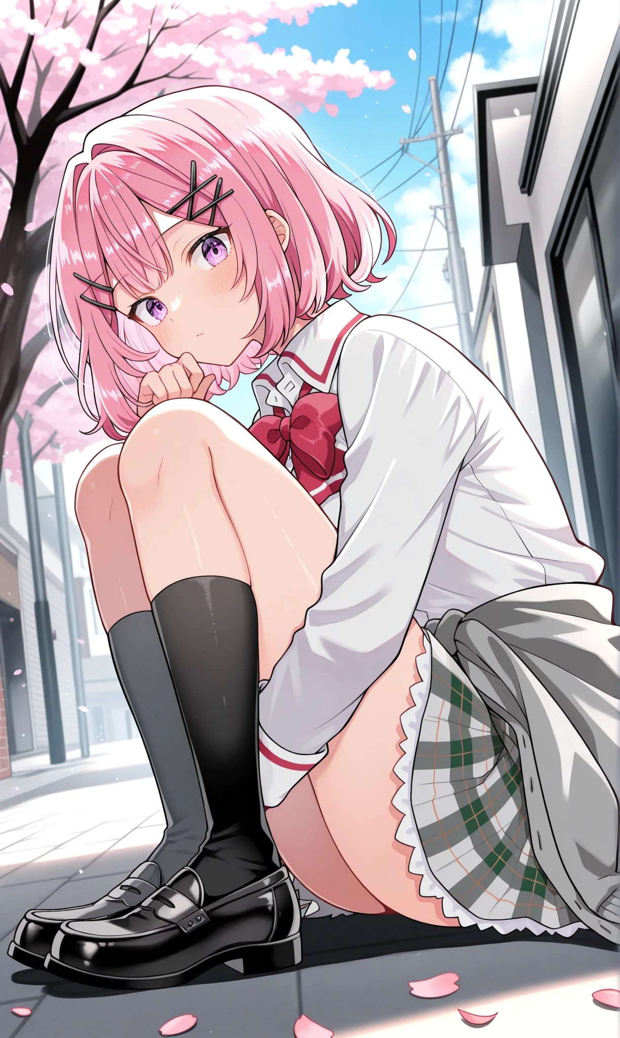 <lora:amaori_renako_illust_scarxzys:1>, amaori renako, pink hair, short hair, double-parted bangs, pink eyes, x hair ornament, ashigaya high school uniform, white shirt, collared shirt, long sleeves, red bowtie, grey cardigan, cardigan around waist, clothes around waist, grey skirt, plaid skirt, miniskirt, black socks, black shoes, loafers, 1girl, solo, masterpiece, best quality, amazing quality, cherry blossoms, street, looking at viewer, close-up, from side, from below, floor, knees up, sitting