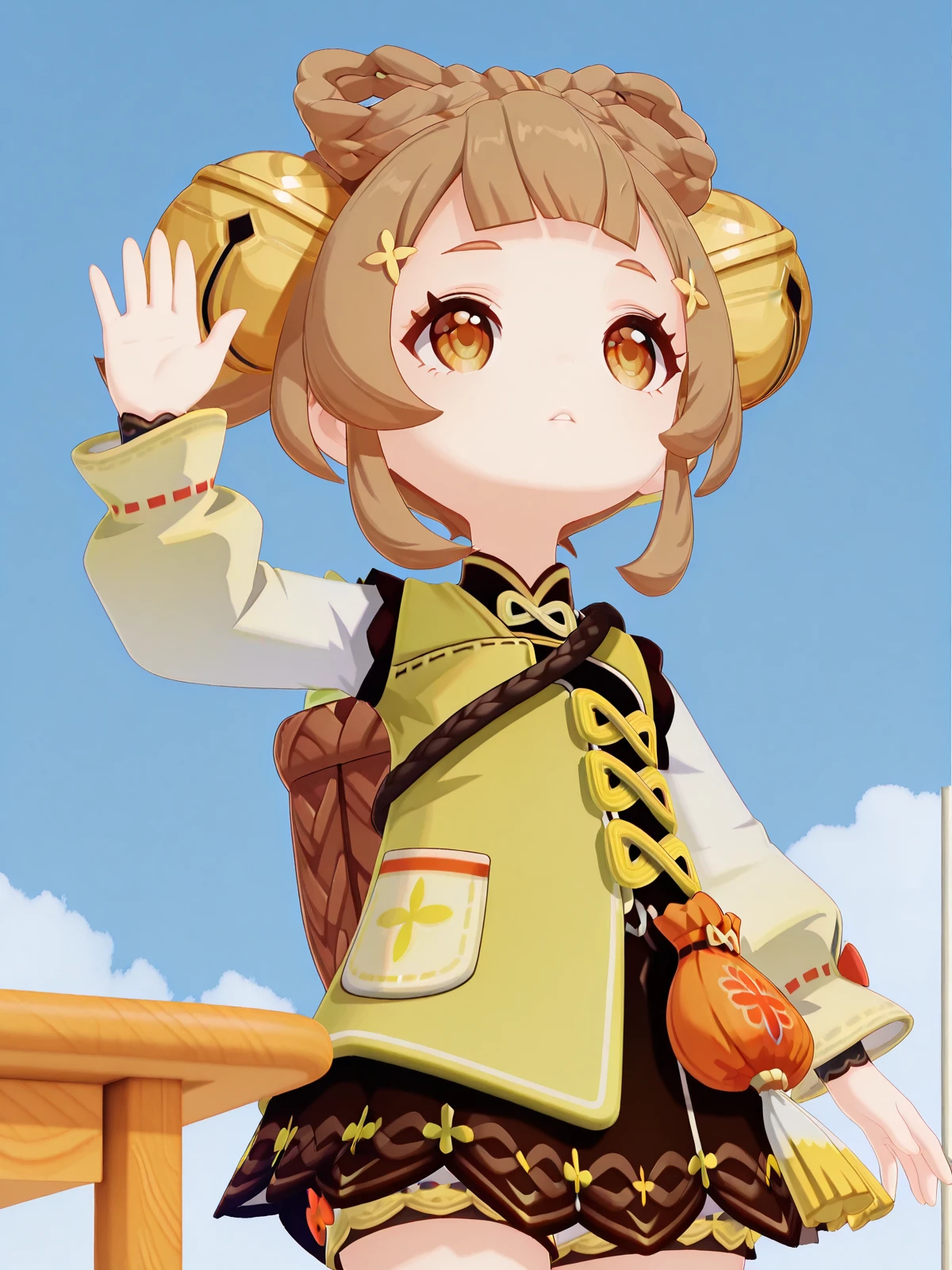 masterpiece, best quality, amazing quality,, <lora:genshin-yaoyao-ingame-illustriousxl-lora-nochekaiser:1>, yaoyao, yaoyao (genshin impact), brown hair, hair ornament, brown eyes, braid, sidelocks, blunt bangs, bell, jingle bell, hair bell, bow-shaped hair, 3d, long sleeves, dress, jacket, puffy sleeves, fur trim, chinese clothes, puffy long sleeves, bloomers, white bloomers,, <lora:panatang-makabayan-illustriousxl-lora-nochekaiser:1>, panatang makabayan, looking up, expressionless, cowboy shot, parted lips, hand up, waving, solo, outdoors, blue sky, clouds, clubroom, posters, meeting_table, decorations, student_council, cowboy shot, solo, looking at viewer, <lora:transparent-background-illustriousxl-lora-nochekaiser:1>, transparent background, simple background, white background