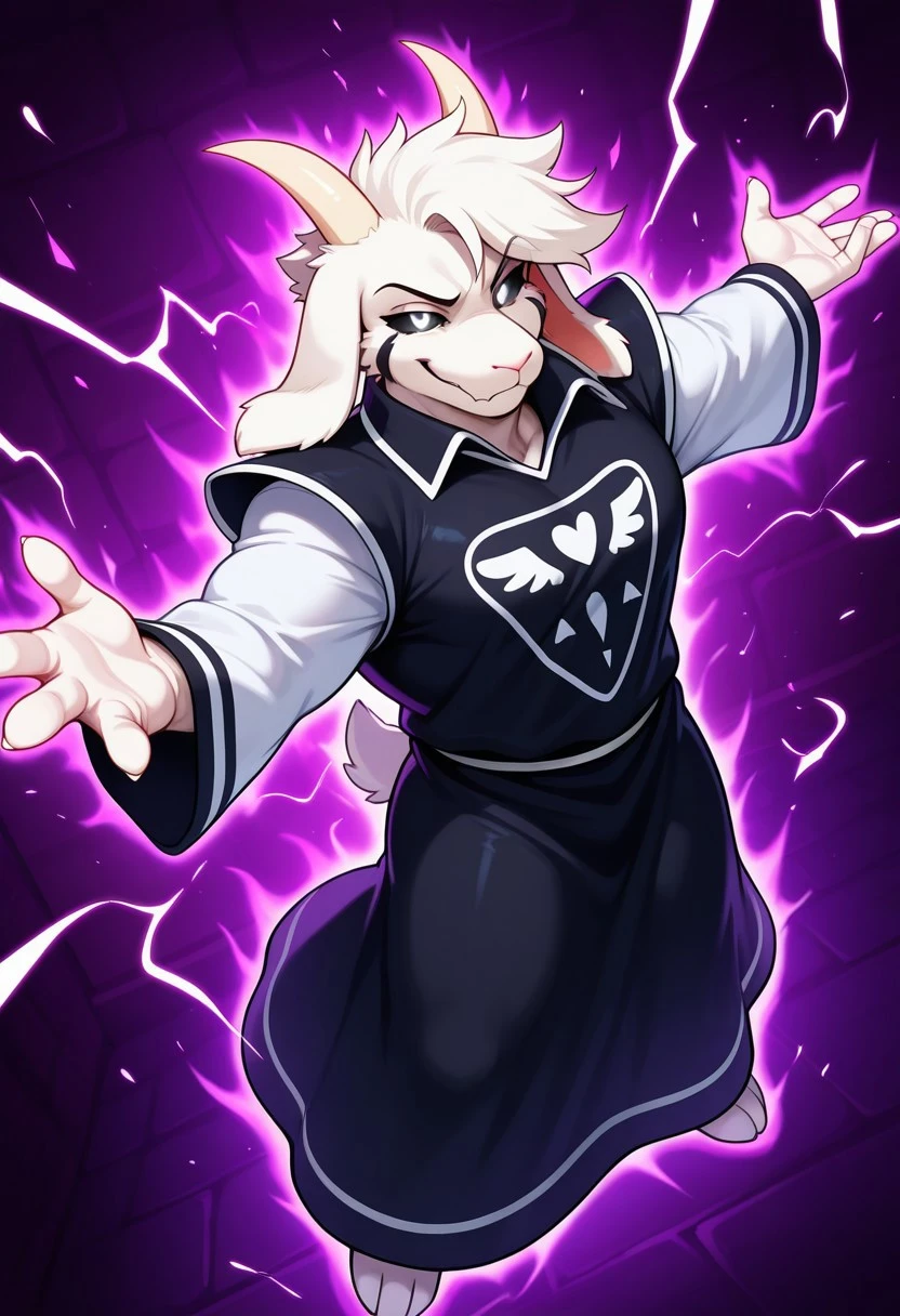 AsrielDreemur (undertale), solo, furry, goat boy, short tail, black sclera, white eyes, white fur, black facial markings, smirk, muscular, manly, bara, big muscles, large pectorals, dynamic angle, full body, close up, black high collared robe, white sleeves, spread arms, outstretched hands, aura, electricity, energy, glowing, floating, facing viewer, unparalleled masterpiece, high resolution, amazing quality, very aesthetic, extremely-detailed, beautiful, detailed background, newest