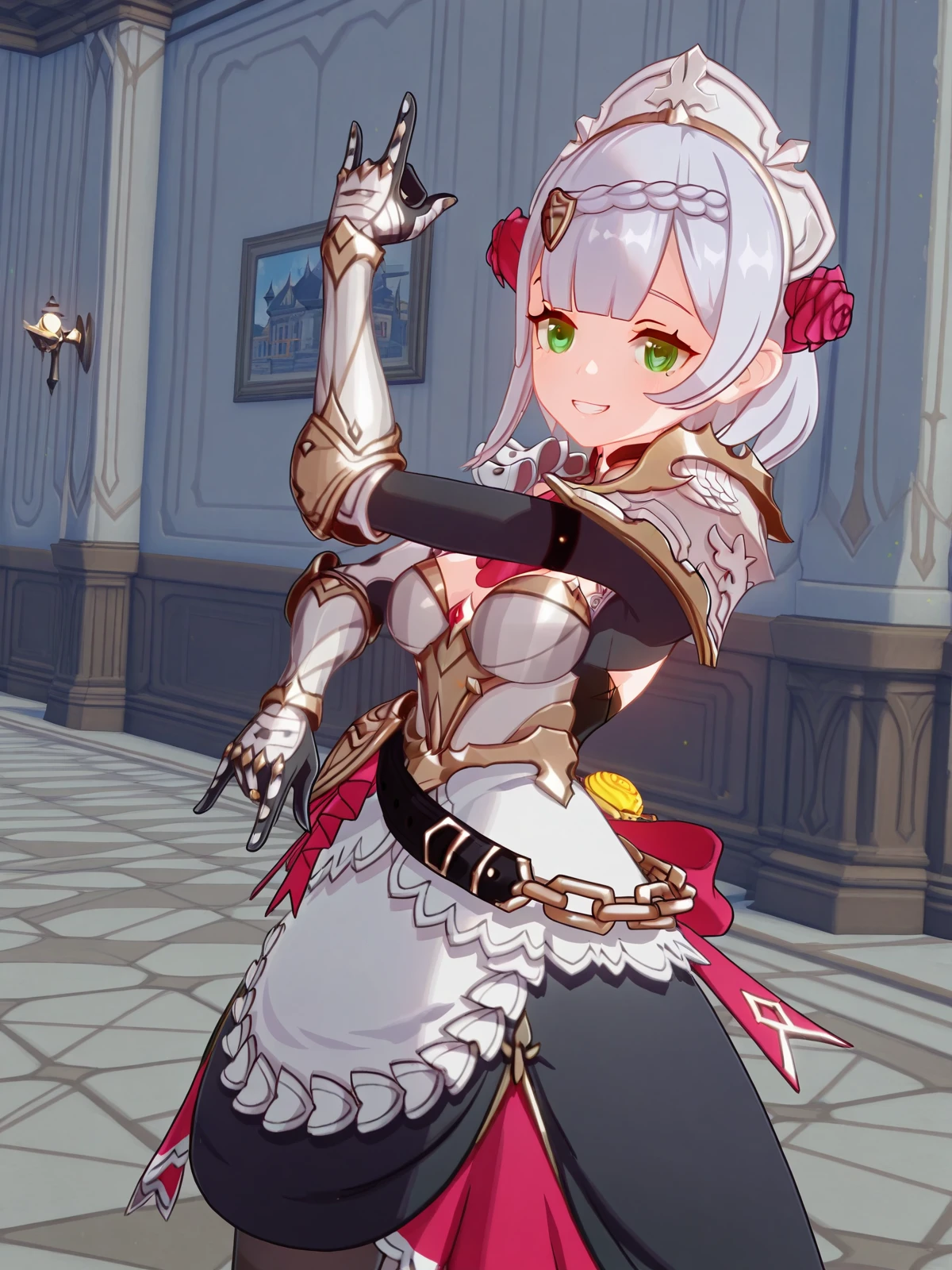 masterpiece, best quality, amazing quality,, <lora:genshin-noelle-ingame-illustriousxl-lora-nochekaiser:1>, noelle, noelle (genshin impact), braid, flower, hair flower, hair ornament, short hair, silver hair, green eyes, mature female, medium breasts, 3d, apron, armor, ascot, black pantyhose, black skirt, dress, gauntlets, gold trim, headdress, long sleeves, maid, maid apron, maid headdress, pantyhose, pauldrons, shoulder armor, skirt, strap,, <lora:killer-queens-pose-illustriousxl-lora-nochekaiser:1>, killer queens pose, killer queens's pose (jojo), jojo pose, arm up, hand up, \n/, double \n/, arm down, hand down, grin, arched back, bent over, cowboy shot, Buildings, architecture, man_made, urban, interior, cowboy shot, solo, looking at viewer,