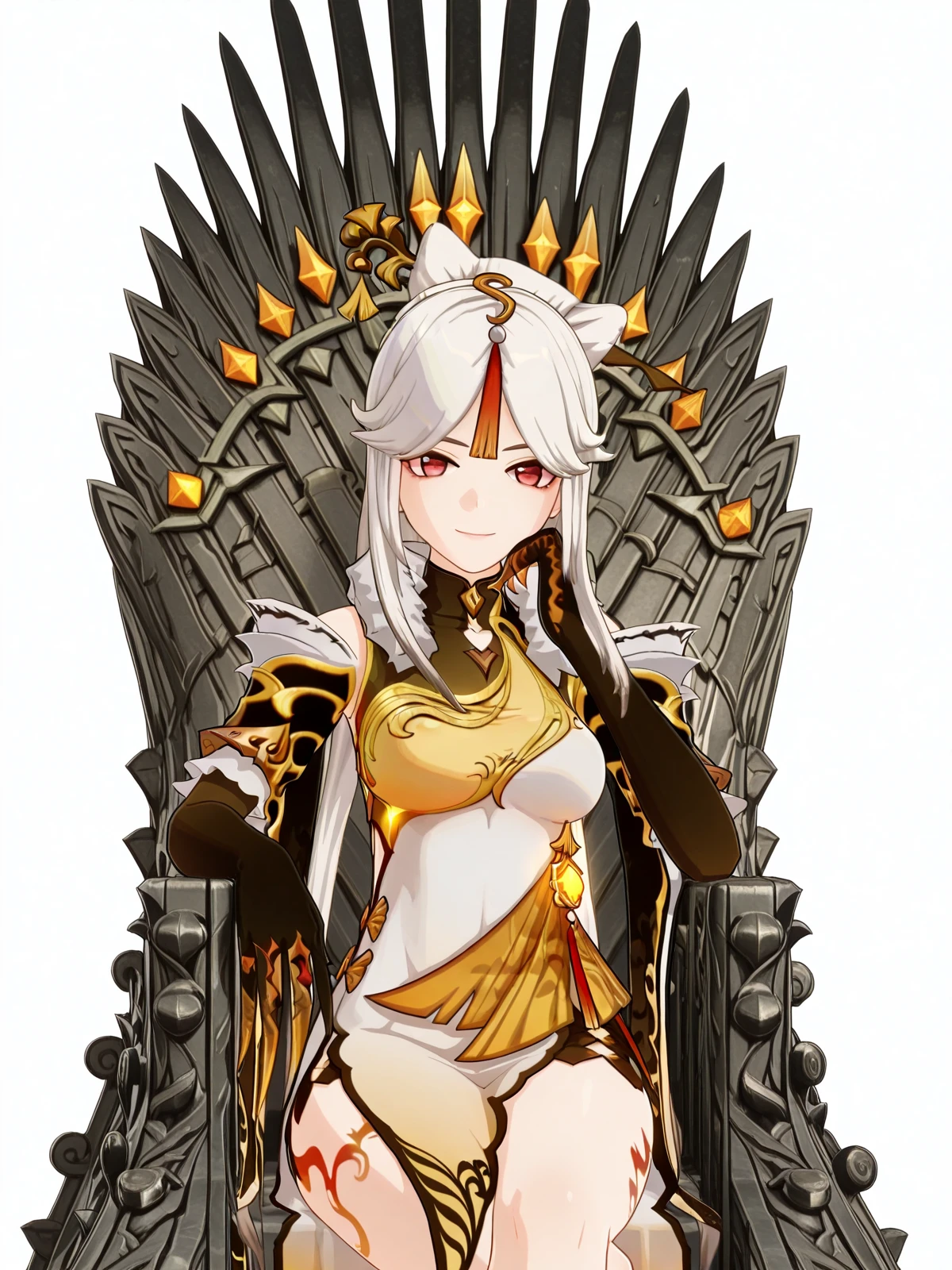 masterpiece, best quality, amazing quality,, <lora:genshin-ningguang-ingame-illustriousxl-lora-nochekaiser:1>, ningguang, ningguang (genshin impact), grey hair, hair ornament, hairpin, long hair, parted bangs, red eyes, sidelocks, streaked hair, red hair, mature female, breasts, 3d, bare shoulders, black gloves, chinese clothes, claw ring, detached sleeves, dress, elbow gloves, frilled sleeves, frills, fur collar, gloves, jewelry, pelvic curtain, sleeveless, sleeveless dress, white dress,, <lora:iron-throne-illustriousxl-lora-nochekaiser:1>, iron throne, sitting, looking at viewer, sword, throne, sitting on throne, smile, elbow rest, crossed legs, poolside, chairs, sun, towels, relaxation, cowboy shot, solo, looking at viewer, <lora:transparent-background-illustriousxl-lora-nochekaiser:1>, transparent background, simple background, white background