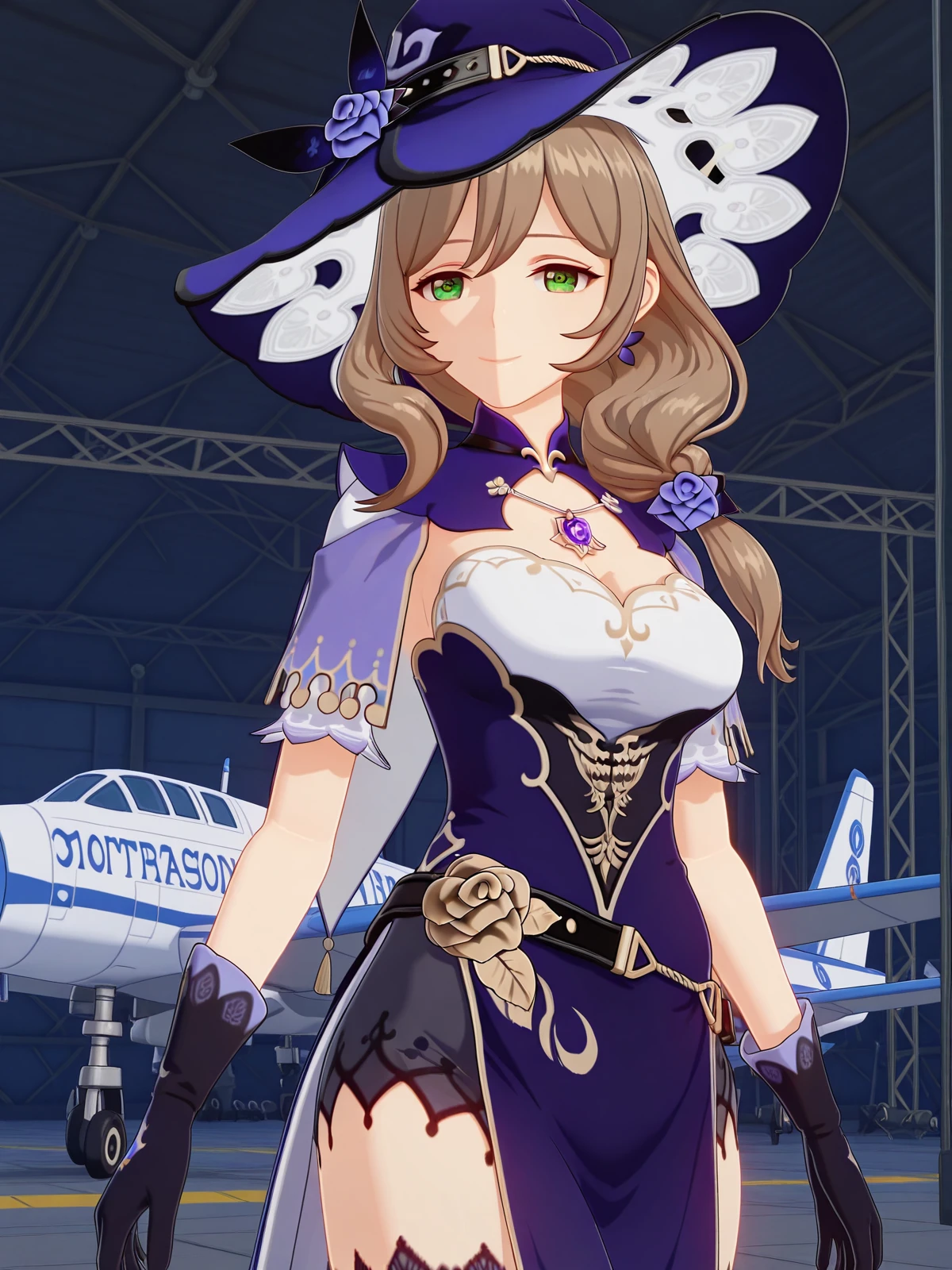 masterpiece, best quality, amazing quality,, <lora:genshin-lisa-minci-ingame-illustriousxl-lora-nochekaiser:1>, lisa minci, lisa (genshin impact), brown hair, green eyes, long hair, low tied hair, mature female, breasts, 3d, belt, capelet, cleavage, gloves, hat, hat belt, jewelry, necklace, pendant, purple capelet, purple headwear, vision (genshin impact), witch, witch hat, smile, hangar, planes, large, storage, aviation, cowboy shot, solo, looking at viewer,