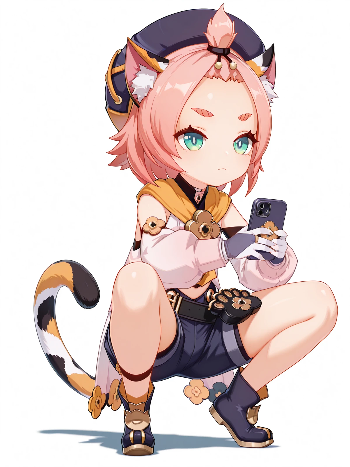 masterpiece, best quality, amazing quality,, <lora:genshin-diona-ingame-illustriousxl-lora-nochekaiser:1>, diona, diona (genshin impact), short hair, animal ears, green eyes, tail, pink hair, sidelocks, cat ears, animal ear fluff, cat tail, thick eyebrows, cat girl, forehead, bangs pinned back, 3d, shirt, long sleeves, gloves, hat, ribbon, detached sleeves, shorts, puffy sleeves, belt, white gloves, black headwear, black shorts, blue shorts, paw print, puffy shorts, <lora:slav-squatting-illustriousxl-lora-nochekaiser:1>, slav squatting, solo, looking at viewer, holding, closed mouth, full body, phone, squatting, cellphone, smartphone, holding phone,, nightclub, lights, music, dance, drinks, cowboy shot, solo, looking at viewer, <lora:transparent-background-illustriousxl-lora-nochekaiser:1>, transparent background, simple background, white background