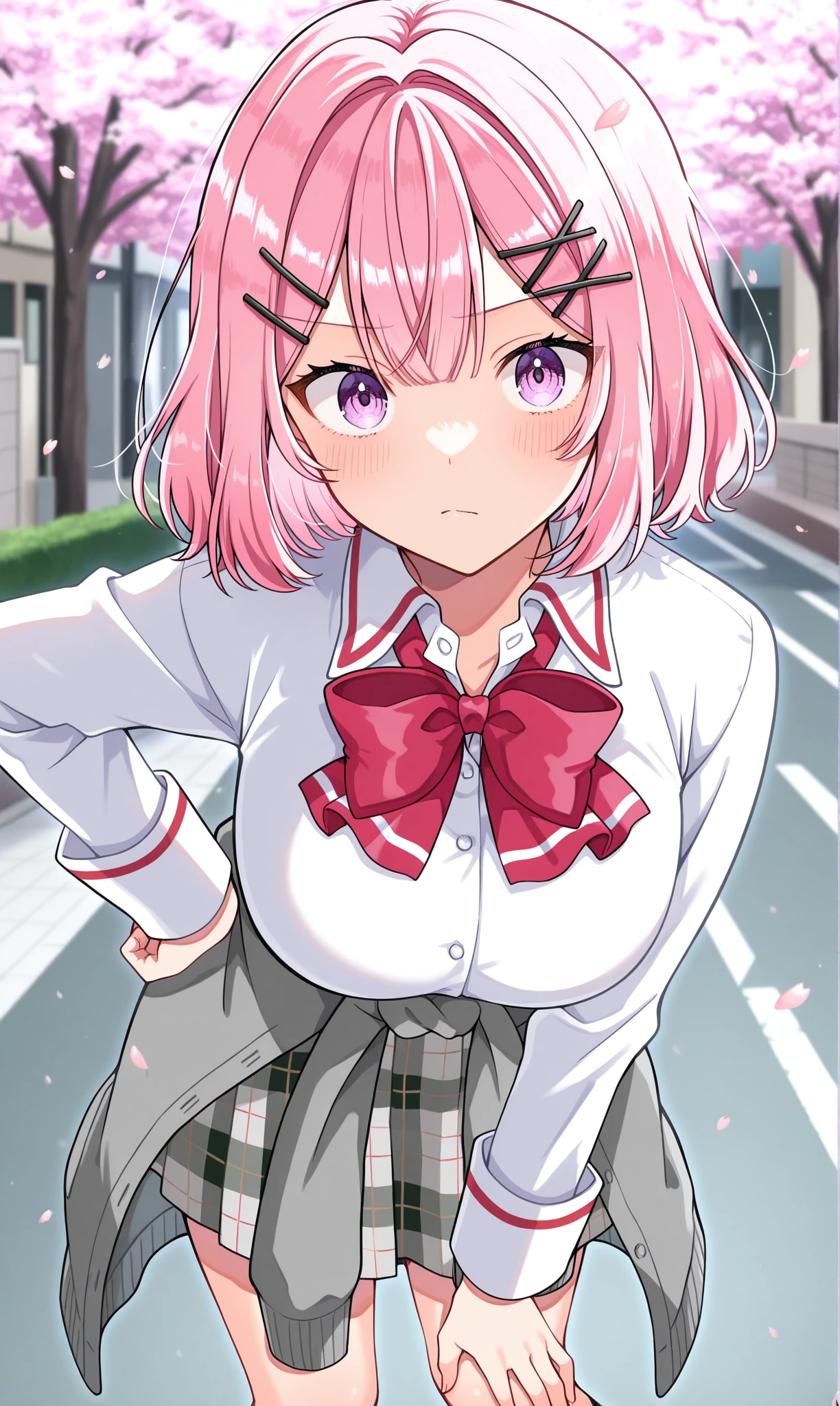 <lora:amaori_renako_illust_scarxzys:1>, amaori renako, pink hair, short hair, double-parted bangs, pink eyes, x hair ornament, ashigaya high school uniform, white shirt, collared shirt, long sleeves, red bowtie, grey cardigan, cardigan around waist, clothes around waist, grey skirt, plaid skirt, miniskirt, 1girl, solo, masterpiece, best quality, amazing quality, street, cherry blossoms, looking at viewer, close-up, hand on hip, hand on own knee