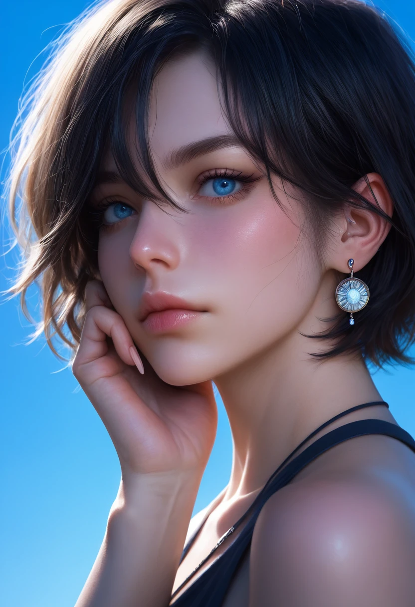 masterpiece, best quality, amazing quality, high resolution, ultra detailed, perfect details, realistic, photorealistic, BSS_AES, very aesthetic, 1girl, solo, looking at viewer, short hair, blue eyes, black hair, hair between eyes, closed mouth, jewelry, earrings, sky, blurry, blue sky, fingernails, looking to the side, eyelashes, lips, blue background, portrait, close-up, hand on own face, nose, realistic