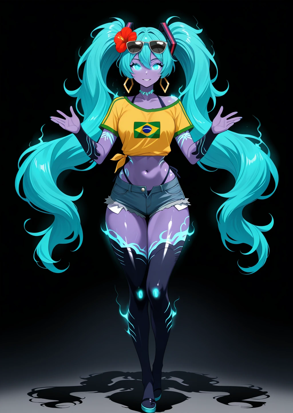 masterpiece, absurdres, textless version, perfect hands, best hands,  best detail, best quality, detailed, high quality, BREAK,  full body, shiny skin, 1girl,   <lora:Shadow_Soldier_Solo_Leveling_Illustrious:0.8> arise, glowing, glowing eyes, aura, shadow, shadow_soldier, glowing skin, aura skin, smokey skin, dark skin, shadowy figure, misty and wispy, black skin, purple skin, <lora:Brazilian_Miku_Hatsune_Miku_Vocaloid_Illustrious:0.8> brazilian miku, aqua hair, sunglasses on head, flower in hair, yellow shirt, brazil flag on shirt, denim shorts, booty shorts, tanned, 1girl, hatsune miku,