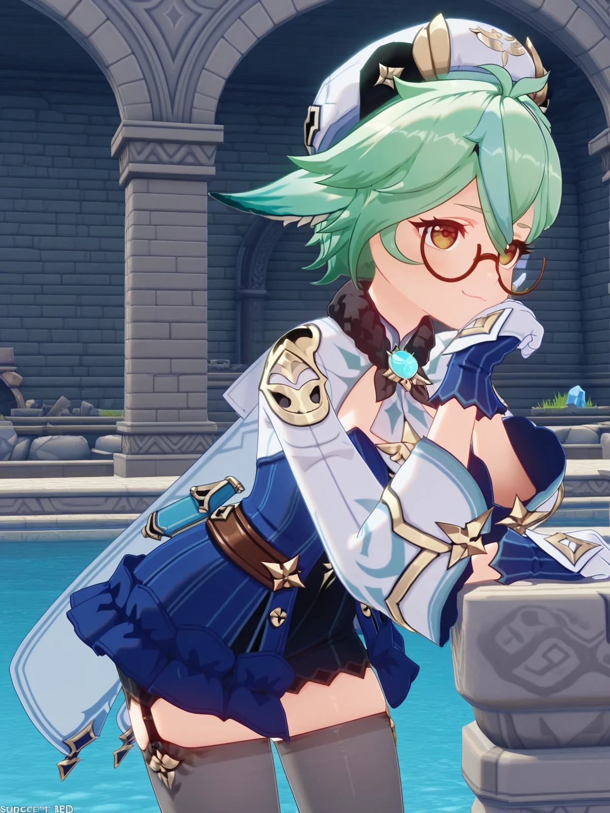 masterpiece, best quality, amazing quality,, <lora:genshin-sucrose-ingame-illustriousxl-lora-nochekaiser:1>, sucrose, sucrose (genshin impact), ahoge, animal ears, brown eyes, glasses, gradient hair, hair between eyes, messy hair, multicolored hair, semi-rimless eyewear, short hair, mature female, small breasts, 3d, frills, fur collar, gem, gloves, green thighhighs, long sleeves, thighhighs, white headwear, zettai ryouiki, skirt, blue skirt,, head rest, smug, aqueduct, water, stone, arches, ancient, cowboy shot, solo, looking at viewer,