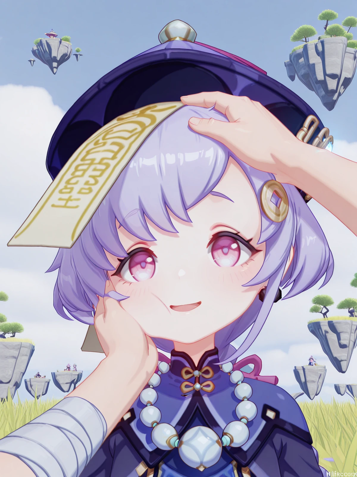 masterpiece, best quality, amazing quality,, <lora:genshin-qiqi-ingame-illustriousxl-lora-nochekaiser:1>, qiqi, qiqi (genshin impact), long hair, hair ornament, purple eyes, braid, purple hair, earrings, pink eyes, single braid, braided ponytail, jiangshi, coin hair ornament, 3d, long sleeves, dress, thighhighs, hat, jewelry, shorts, wide sleeves, necklace, white thighhighs, blue dress, bandages, beads, ofuda, purple headwear, bandaged leg, bead necklace, qingdai guanmao,, <lora:pov-cheek-and-head-pat-illustriousxl-lora-nochekaiser:1>, pov cheek and head pat, pov cheek and head pat (meme), looking at viewer, blush, smile, open mouth, upper body, solo focus, pov, hand on another's head, pov hands, headpat, hand on another's face, hand on another's cheek, petting,, floating island, sky, clouds, greenery, magical, cowboy shot, solo, looking at viewer,