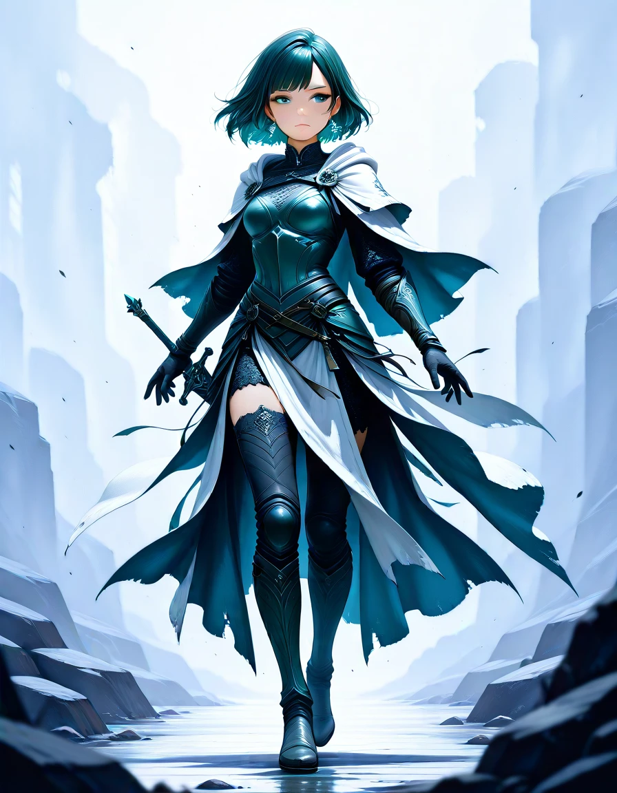 masterpiece, best_quality, very_aesthetic, highres, absurdres, ultra detailed,
, short hair, teal eyes,
<lora:negXL:0.5>
<lora:Watercolor_fantasy_IL_MIX:1> watercolor, traditional media, painting \(medium\),, jade eye, Chestnut wedge cut hair (Chausses),An armor made of chainmail leggings Frosty Crystal Snowflake Earrings, full body, , simple background, , blurry background,,blurry foreground,