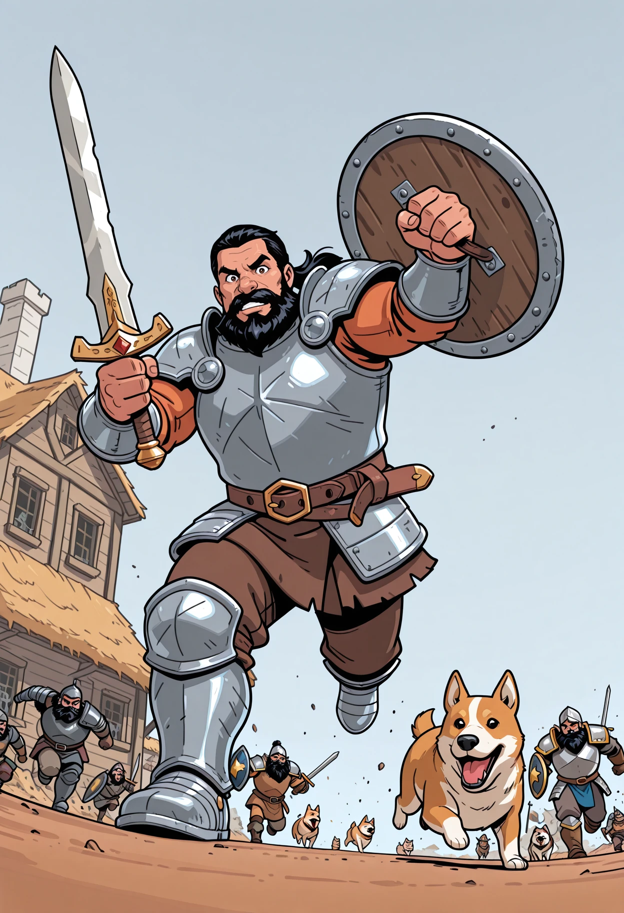 comicbook style,flat color,amazing quality,4k,high resolution,ultra-detailed,newest,outdoors,Welsh countryside,battlefield,1man,dwarf,warrior,beard,fantasy plate armor,holding a sword and shield,charging into battle,armored corgi,multiple dogs,running dogs,charging,male focus,dynamic pose,action,action pose,foreshortening,dynamic angle,looking at viewer,