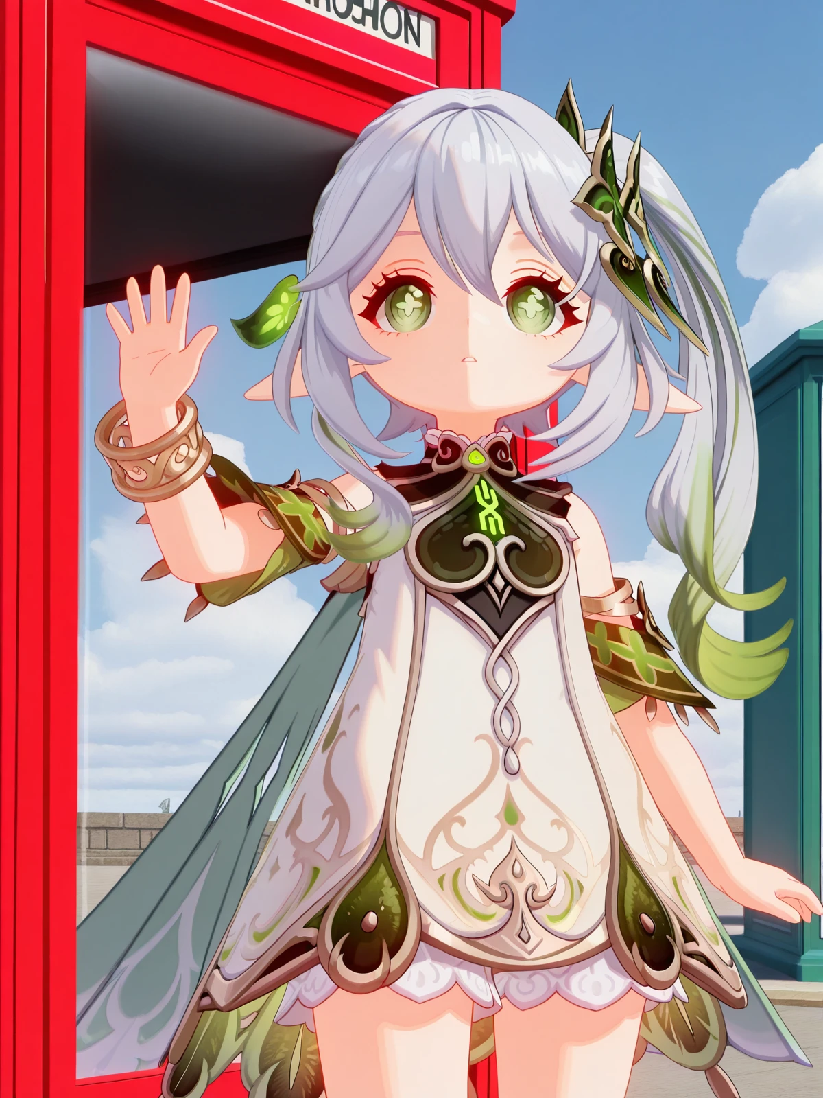 masterpiece, best quality, amazing quality,, <lora:genshin-nahida-ingame-illustriousxl-lora-nochekaiser:1>, nahida, nahida (genshin impact), long hair, hair ornament, hair between eyes, green eyes, white hair, grey hair, multicolored hair, green hair, pointy ears, side ponytail, symbol-shaped pupils, gradient hair, 3d, dress, jewelry, detached sleeves, white dress, cape, bracelet, toeless legwear, stirrup legwear, toeless footwear, <lora:panatang-makabayan-illustriousxl-lora-nochekaiser:1>, panatang makabayan, looking up, expressionless, cowboy shot, parted lips, hand up, waving, solo, outdoors, blue sky, clouds, phone booth, glass, phone, street, retro, cowboy shot, solo, looking at viewer,