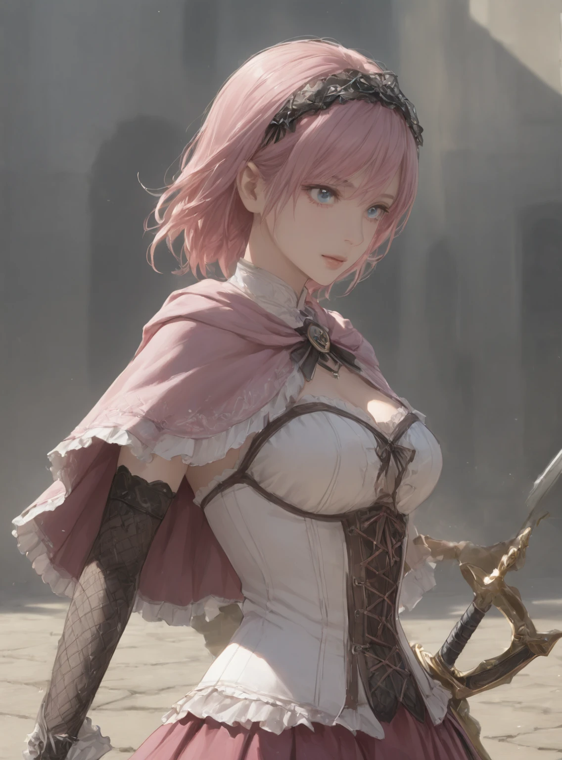 <lora:scamy_ni_32_2e4-000002:0.7> scamy, skirt,corset,sword,capelet, girl portrait upper body standing