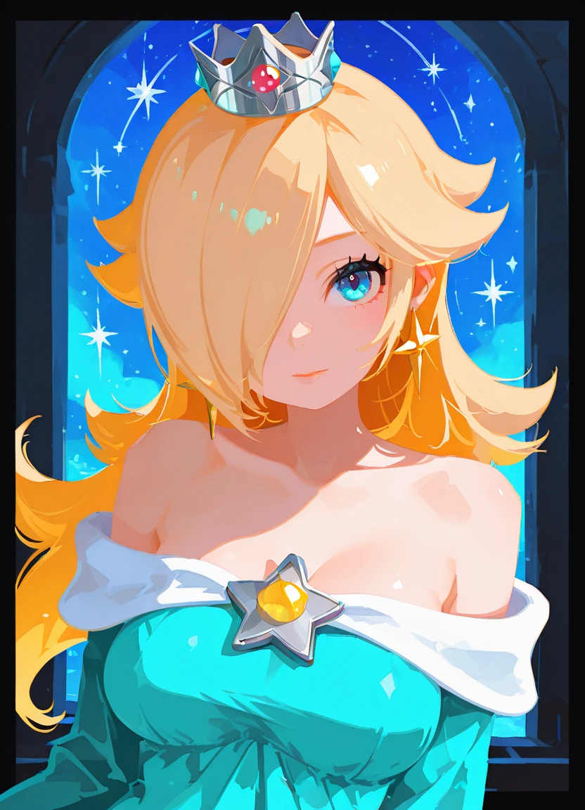 1girl, large breasts, blonde hair, rosalina, jewelry, star earrings, off-shoulder dress, crown, bare shoulders, blue eyes, looking at viewer, long hair, star (symbol), off shoulder, upper body, hair over one eye,, black border, collarbone, closed mouth, aqua dress, masterpiece, best quality, good quality, newest,very awa,absurdres,highres, masterpiece, best quality, amazing quality, very aesthetic, res, high resolution, ultra-detailed, absurdres, newest, scenery, lightrays