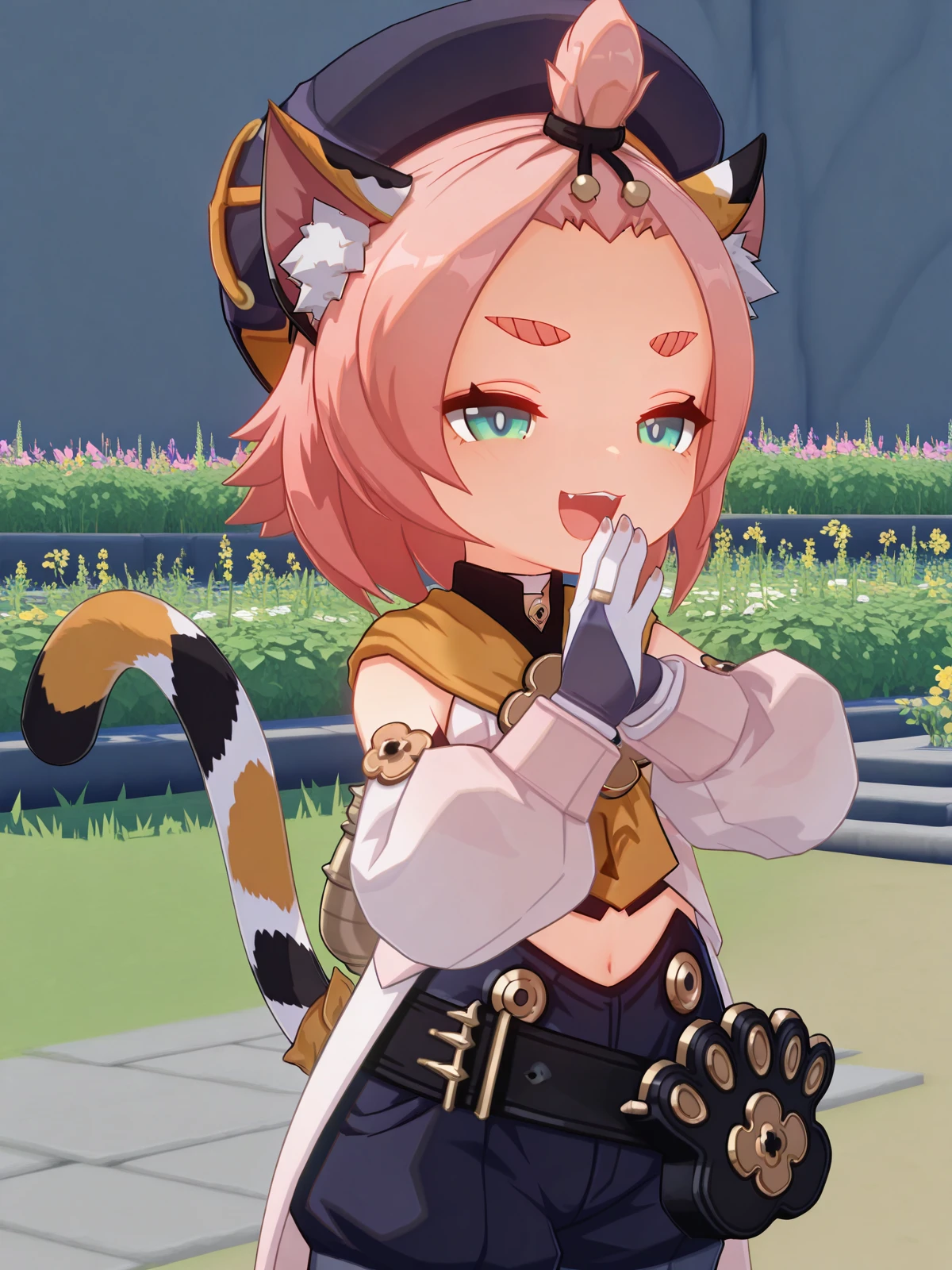 masterpiece, best quality, amazing quality,, <lora:genshin-diona-ingame-illustriousxl-lora-nochekaiser:1>, diona, diona (genshin impact), short hair, animal ears, green eyes, tail, pink hair, sidelocks, cat ears, animal ear fluff, cat tail, thick eyebrows, cat girl, forehead, bangs pinned back, 3d, shirt, long sleeves, gloves, hat, ribbon, detached sleeves, shorts, puffy sleeves, belt, white gloves, black headwear, black shorts, blue shorts, paw print, puffy shorts, <lora:ojou-sama-pose-illustriousxl-lora-nochekaiser:1>, ojou-sama pose, laughing, smug, hand to own mouth, open mouth, upper body, garden, flowers, path, plants, tranquil, cowboy shot, solo, looking at viewer,
