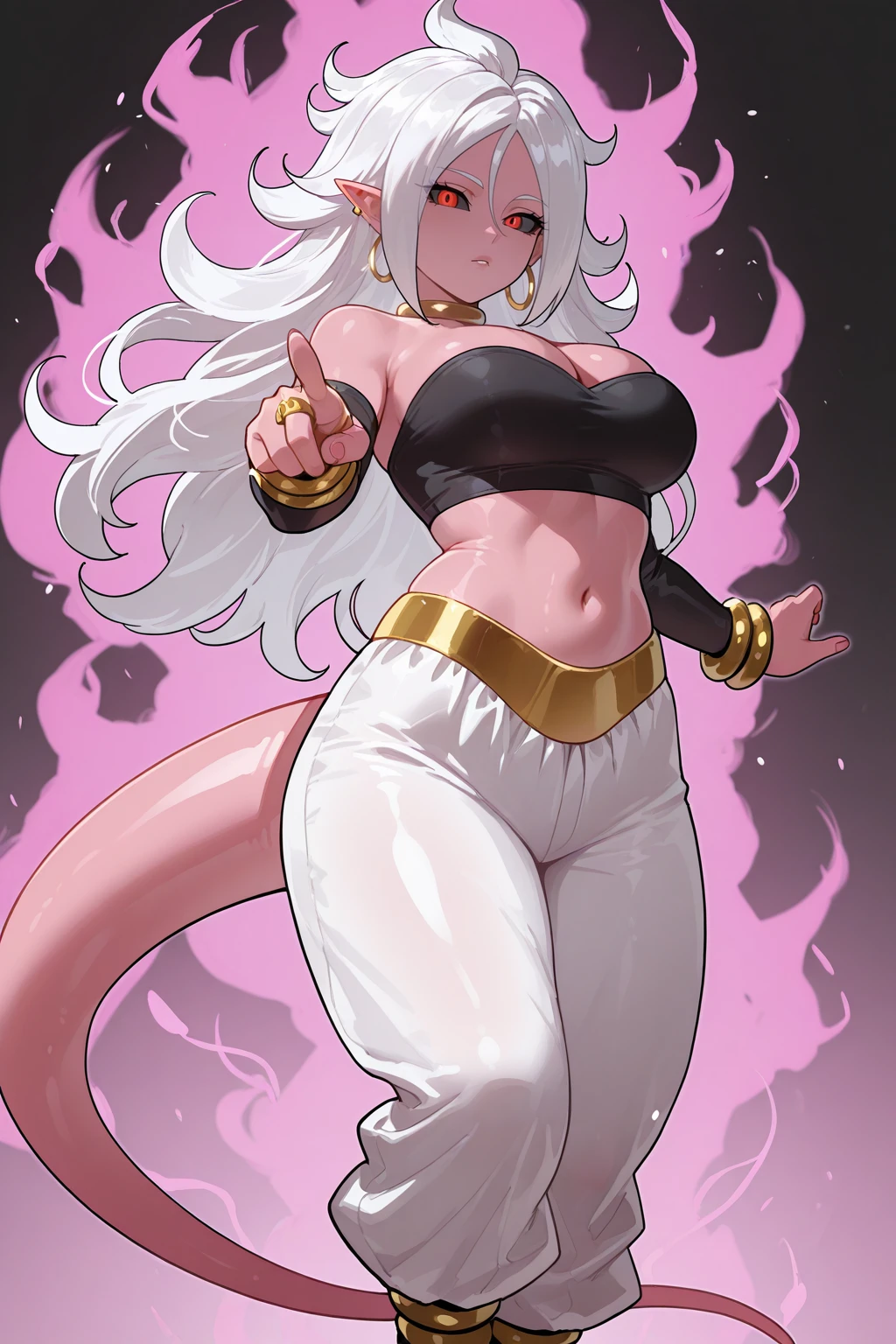 <lora:OGT_Android21_Vomi-v2:0.7> Android 21, 1girl, solo, android 21, jewelry, tail, long hair, full body, earrings, bracelet, breasts, white hair, black nails, pants, blue eyes, harem pants, looking at viewer, hoop earrings, high heels, navel, detached sleeves, midriff, nail polish, medium breasts, bare shoulders, standing, choker, adorable, slight smile, indoors, living room, ((masterpiece)), ((Best Quality)), ((Extremely Detailed)), ((Ultra Quality)), ((8k))