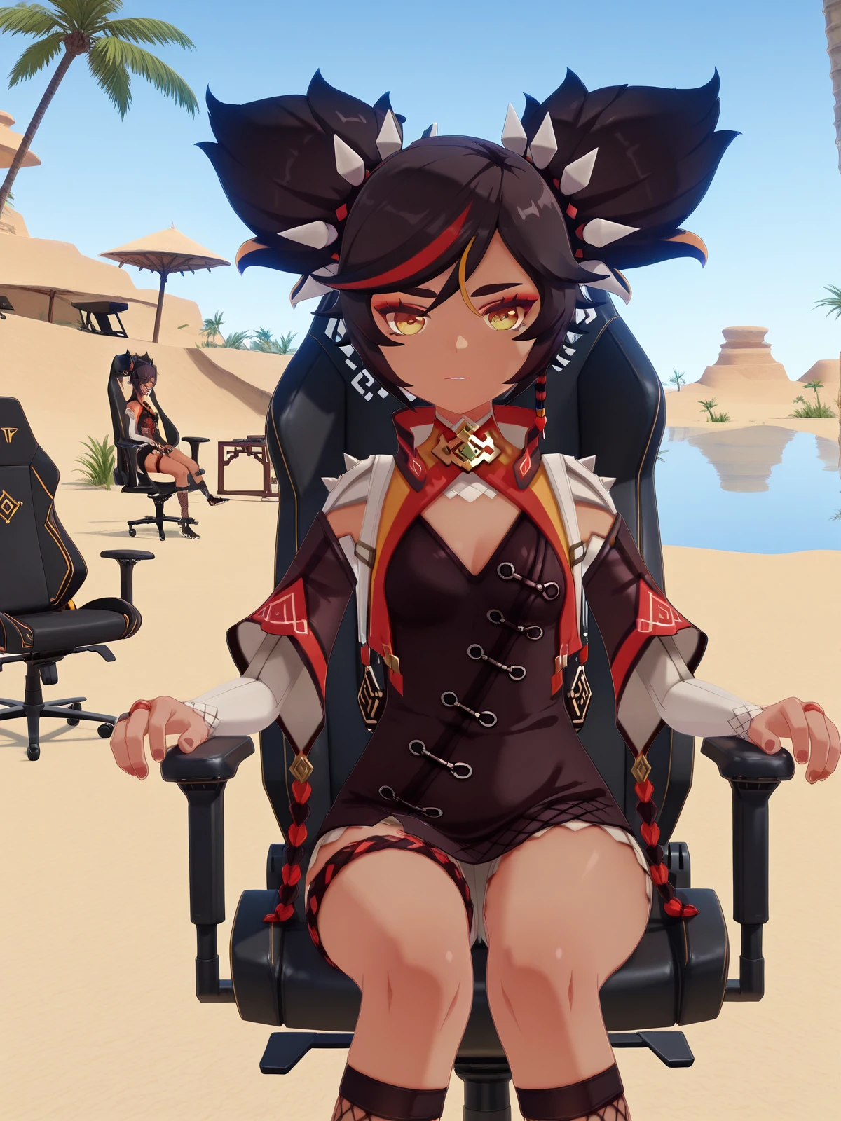 masterpiece, best quality, amazing quality,, <lora:genshin-xinyan-ingame-illustriousxl-lora-nochekaiser:1>, xinyan, xinyan (genshin impact), black hair, twintails, yellow eyes, multicolored hair, red hair, dark skin, streaked hair, dark-skinned female, spikes, hair ornament, mature female, small , 3d, shorts, black dress, long sleeves, detached sleeves, kneehighs, thigh strap, chinese clothes, fishnets, fishnet socks, <lora:secretlab-chair-illustriousxl-lora-nochekaiser:1>, secretlab chair, chair, office chair, gaming chair, sitting, cowboy shot, elbow rest, oasis, water, palm_trees, desert, life, cowboy shot, solo, looking at viewer,