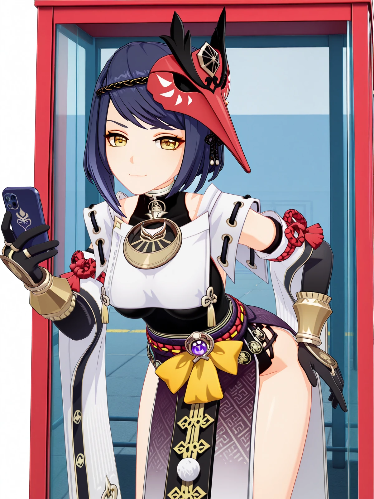 masterpiece, best quality, amazing quality,, <lora:genshin-sara-kujou-ingame-illustriousxl-lora-nochekaiser:1>, sara kujou, kujou sara, blue hair, short hair, swept bangs, yellow eyes, mature female, breasts, 3d, bird mask, gloves, leotard, bracer, detached sleeves, elbow gloves, gloves, japanese clothes, jewelry, leotard, mask, mask on head, obi, pelvic curtain, pendant, sash, sleeveless, vision (genshin impact), wide sleeves,, bent over, smug,, phone booth, glass, phone, street, retro, cowboy shot, solo, looking at viewer, <lora:transparent-background-illustriousxl-lora-nochekaiser:1>, transparent background, simple background, white background