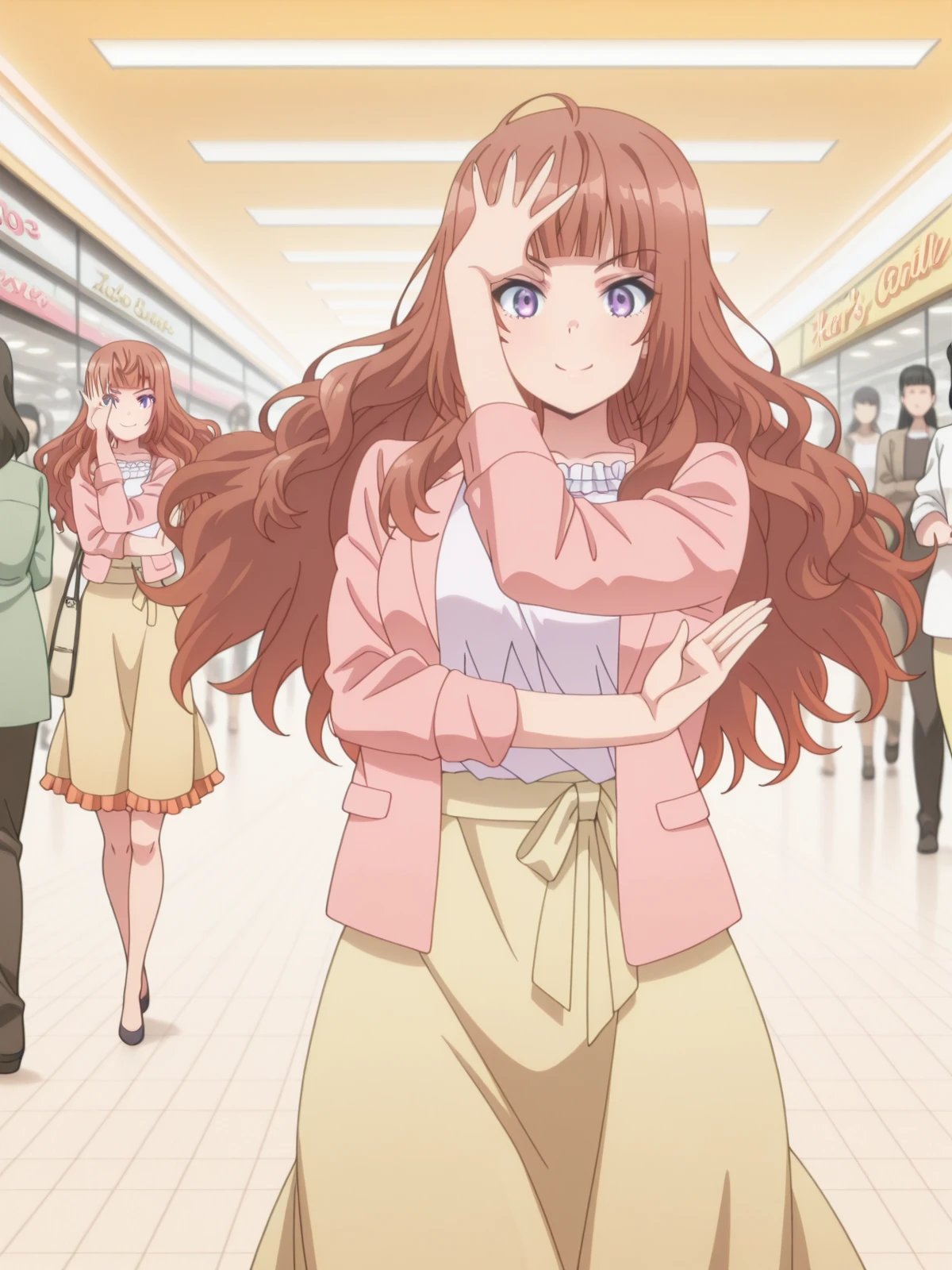 masterpiece, best quality, amazing quality,, <lora:chisa-akagawa-s1-illustriousxl-lora-nochekaiser:1>, chisa akagawa, long hair, brown hair, purple eyes, blunt bangs, mature female, medium breasts, anime screencap, shirt, skirt, dress, jacket, white shirt, frills, pink jacket, yellow skirt, <lora:kars-pose-illustriousxl-lora-nochekaiser:1>, kar's pose, solo, jojo pose, hands up, straight-on, looking at viewer, smile, open hands,, mall, shops, people, shopping, big, cowboy shot, solo, looking at viewer,