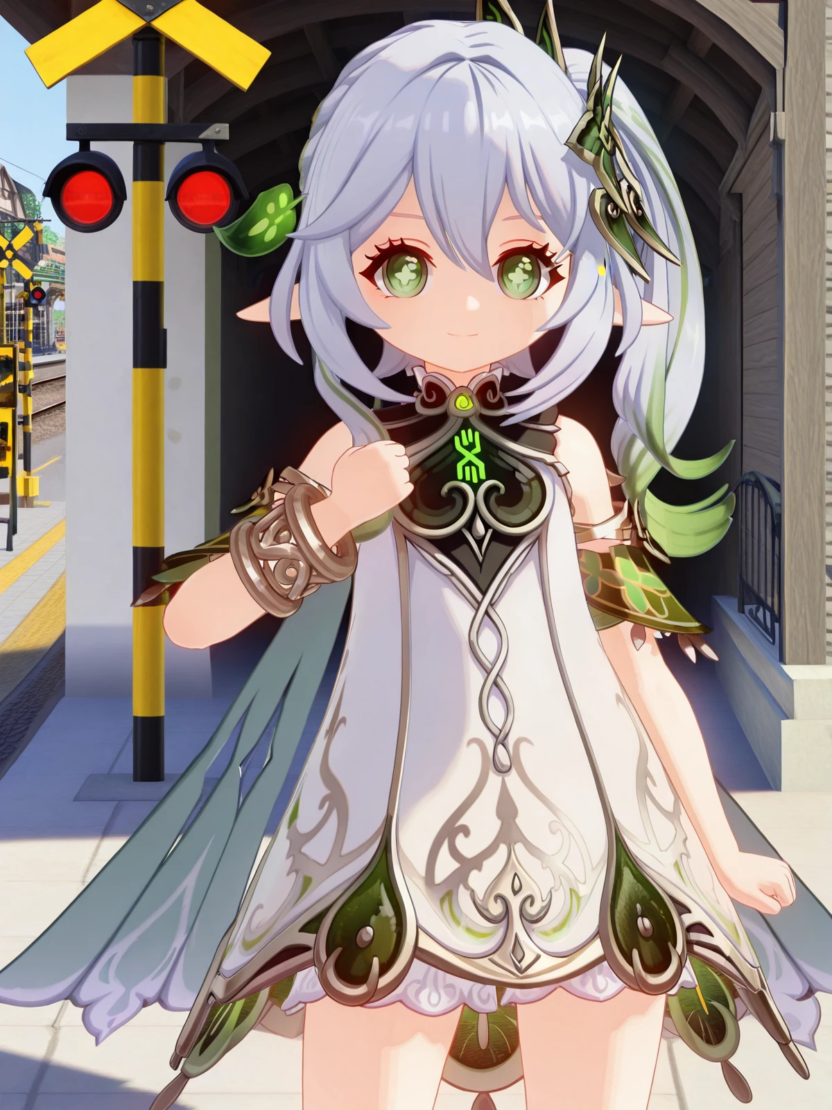 masterpiece, best quality, amazing quality,, <lora:genshin-nahida-ingame-illustriousxl-lora-nochekaiser:1>, nahida, nahida (genshin impact), long hair, hair ornament, hair between eyes, green eyes, white hair, grey hair, multicolored hair, green hair, pointy ears, side ponytail, symbol-shaped pupils, gradient hair, 3d, dress, jewelry, detached sleeves, white dress, cape, bracelet, toeless legwear, stirrup legwear, toeless footwear, <lora:giorno-giovannas-pose-illustriousxl-lora-nochekaiser:1>, giorno giovannas pose, giorno giovanna's pose (jojo), jojo pose, hand up, clenched hand, hand on waist, smile, looking at viewer, cowboy shot,, railroad crossing, sign, gate, train, street, cowboy shot, solo, looking at viewer,