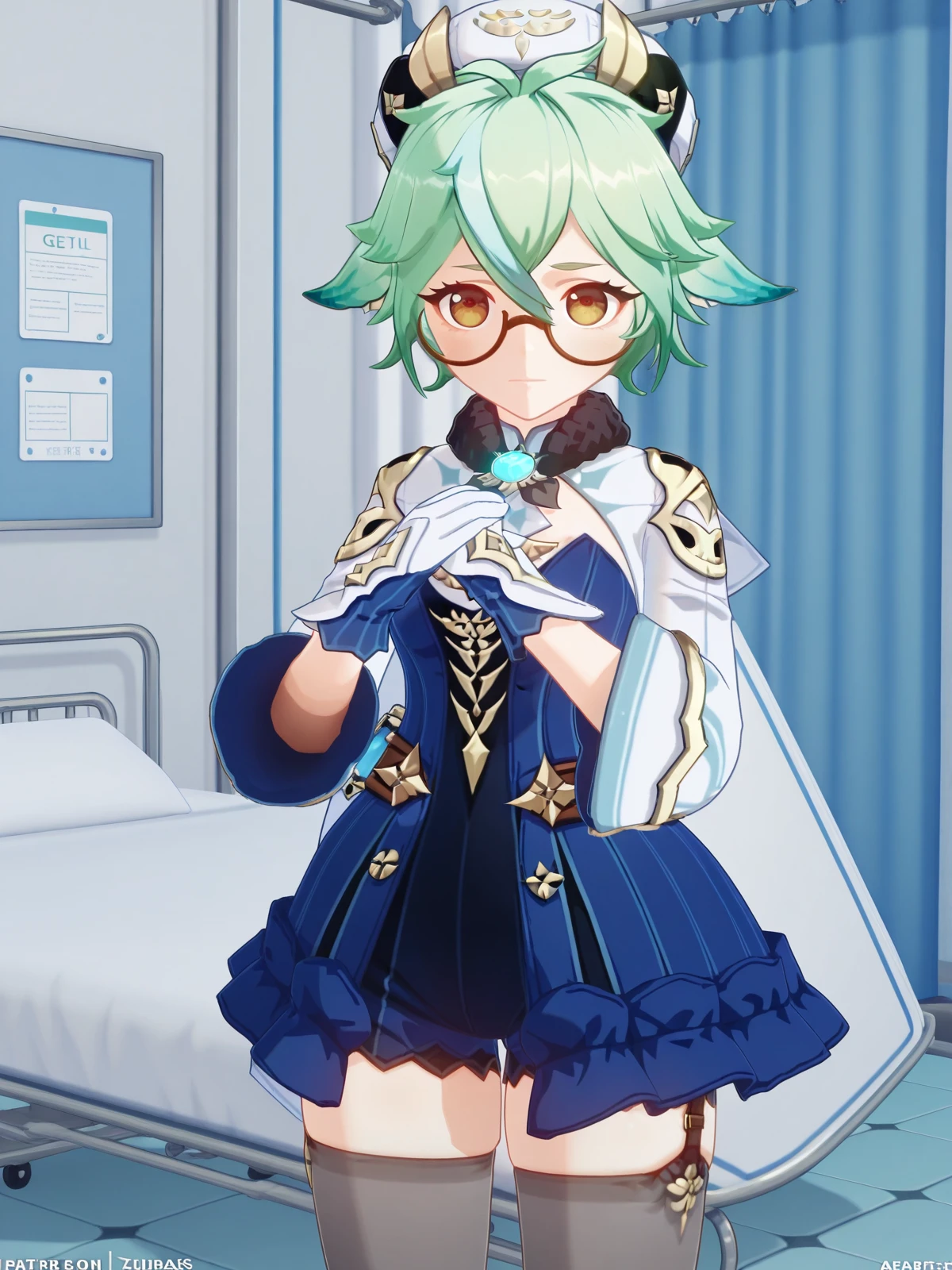 masterpiece, best quality, amazing quality,, <lora:genshin-sucrose-ingame-illustriousxl-lora-nochekaiser:1>, sucrose, sucrose (genshin impact), ahoge, animal ears, brown eyes, glasses, gradient hair, hair between eyes, messy hair, multicolored hair, semi-rimless eyewear, short hair, mature female, small breasts, 3d, frills, fur collar, gem, gloves, green thighhighs, long sleeves, thighhighs, white headwear, zettai ryouiki, skirt, blue skirt,, hands on own chest,, hospital room, bedside, get well flowers, comforting, quiet, cowboy shot, solo, looking at viewer,