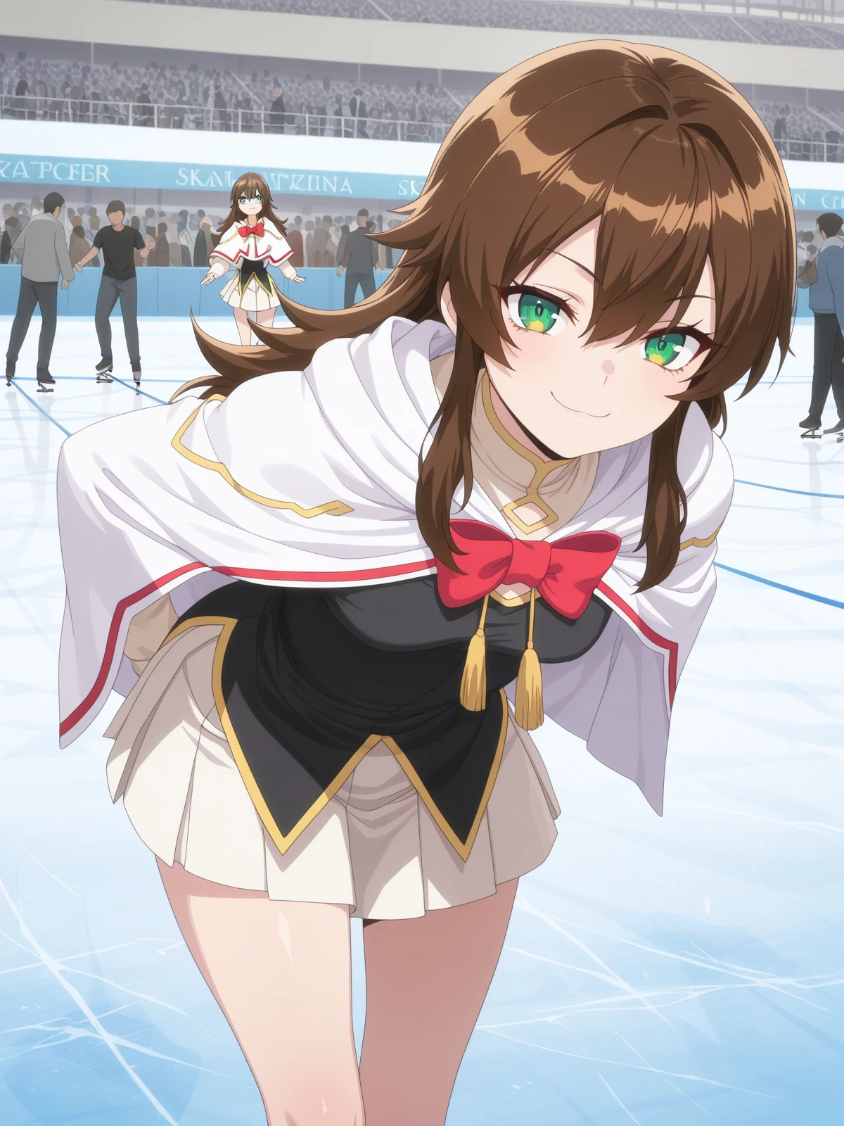 masterpiece, best quality, amazing quality,, <lora:saikyoutank-nin-s1-illustriousxl-lora-nochekaiser:1>, nin, long hair, brown hair, hair between eyes, green eyes, mature female, small , anime screencap, skirt, bow, red bow, capelet, white skirt, white capelet, black shirt, pleated skirt,, , smug,, skating rink, ice, people, winter, fun, cowboy shot, solo, looking at viewer,