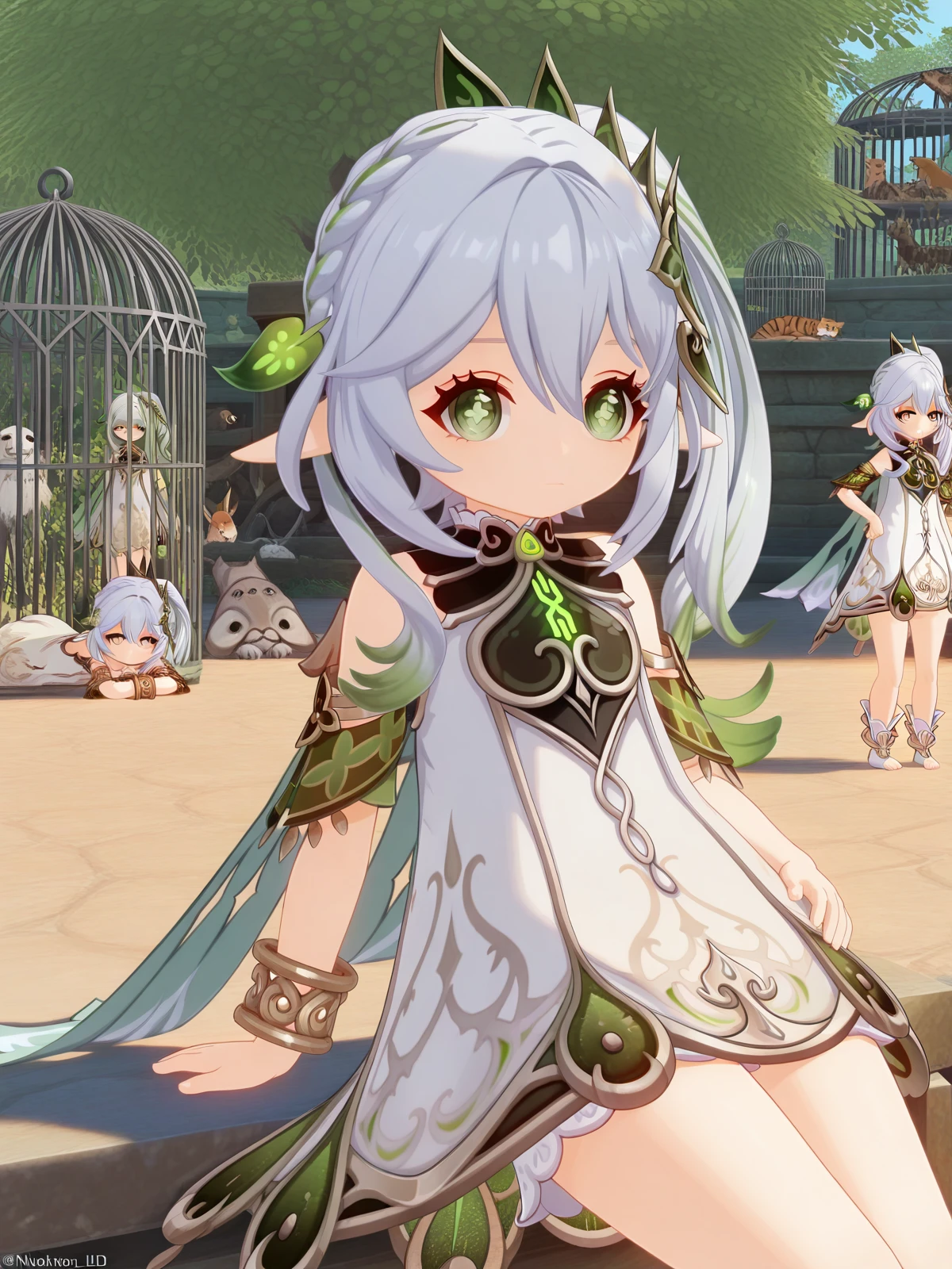 masterpiece, best quality, amazing quality,, <lora:genshin-nahida-ingame-illustriousxl-lora-nochekaiser:1>, nahida, nahida (genshin impact), long hair, hair ornament, hair between eyes, green eyes, white hair, grey hair, multicolored hair, green hair, pointy ears, side ponytail, symbol-shaped pupils, gradient hair, 3d, dress, jewelry, detached sleeves, white dress, cape, bracelet, toeless legwear, stirrup legwear, toeless footwear, <lora:princess-leia-pose-illustriousxl-lora-nochekaiser:1>, princess leia pose, sitting, hand on own hip, lying, arm support, zoo, animals, cages, visitors, park, cowboy shot, solo, looking at viewer,
